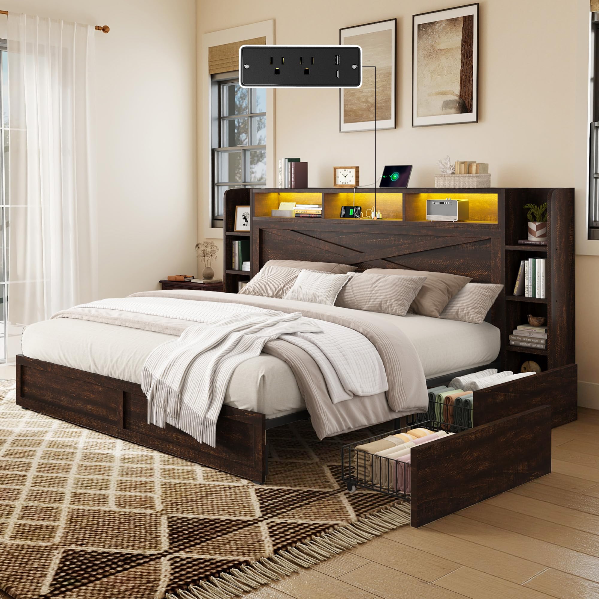 amerlife 45'' farmhouse queen bed frame with 4 drawers, led bed frame with bookcase headboard & side shelves, wood platform bed with charging station, walnut 1/2check other auctions for remaining boxes sold separately