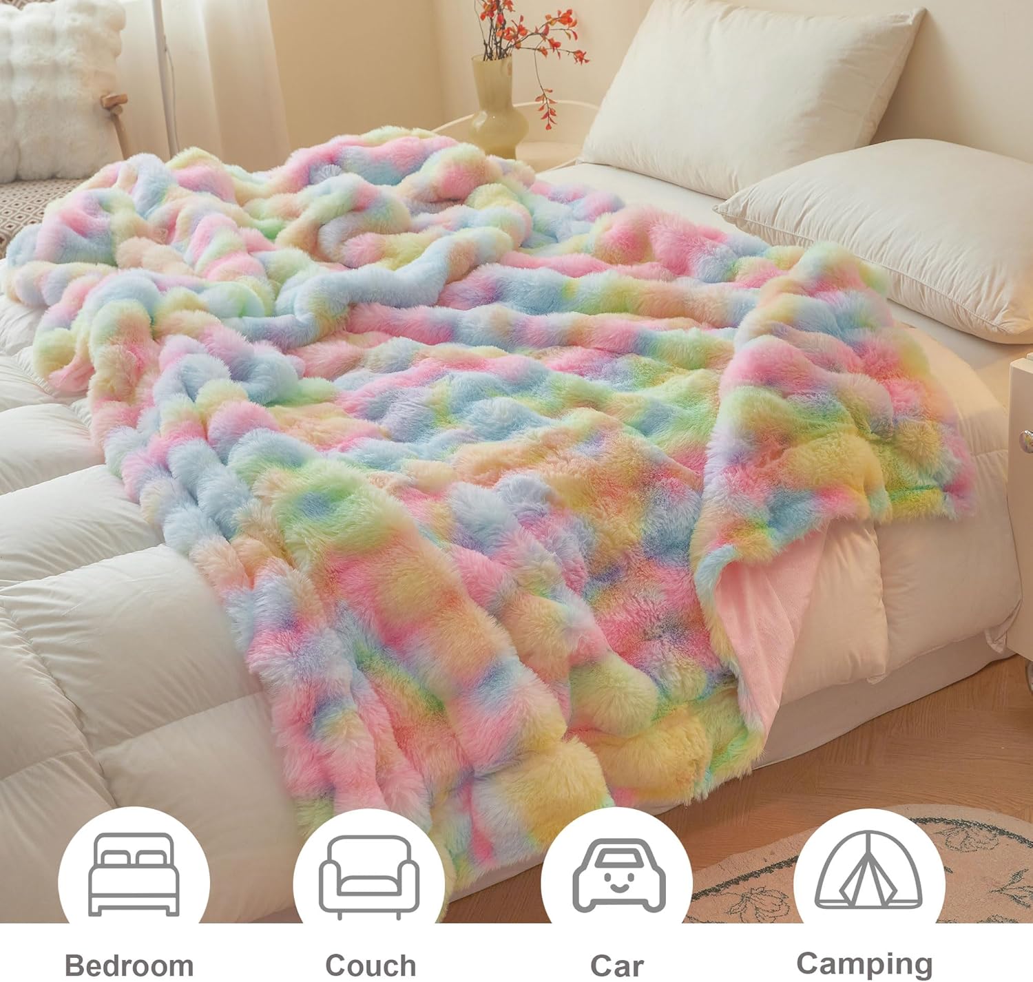 LIFEREVO Fluffy Faux Rabbit Fur Bubble Blanket, Tie Dye Plush Shaggy Throw Couch Sofa, Cozy Comfy Furry Big Bed Blanket Adults Kids Girls, Aesthetic Fuzzy Throw for Bedroom Living Room, 60x90, Rainbow - Image 4