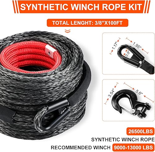 Miniatura 9 de Kit de cuerda de cabrestante sintética, cable de cuerda de cabrestante de 14 pulgadas x 50 pies, 10000 libras con funda protectora+cabrestante