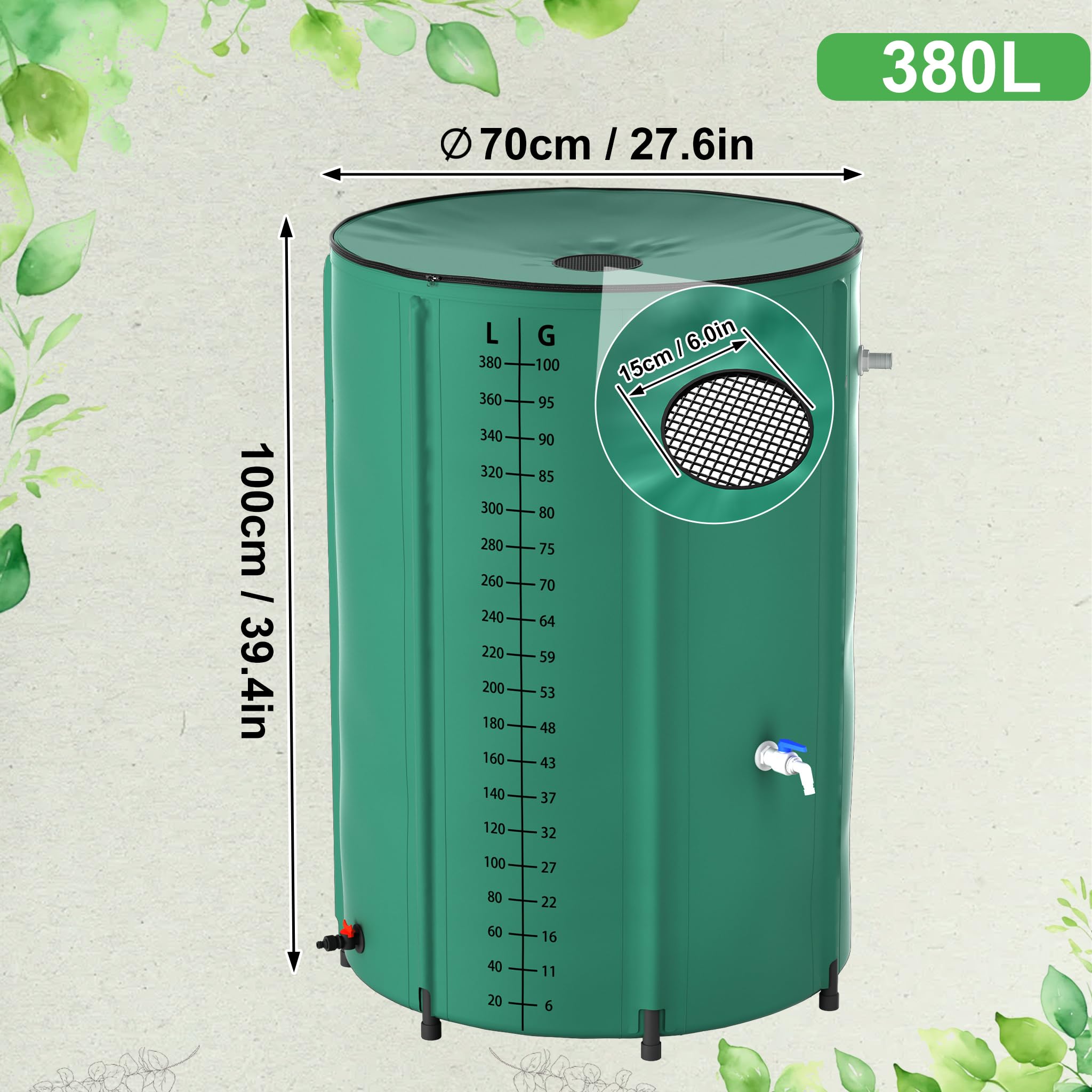 Froadp Récupérateur d'eau de pluie pliable de 380 l, avec couvercle et échelle, bâche mate, réservoir d'eau de pluie pour arrosage du jardin, bain de glace, avec valve de vidange, vert