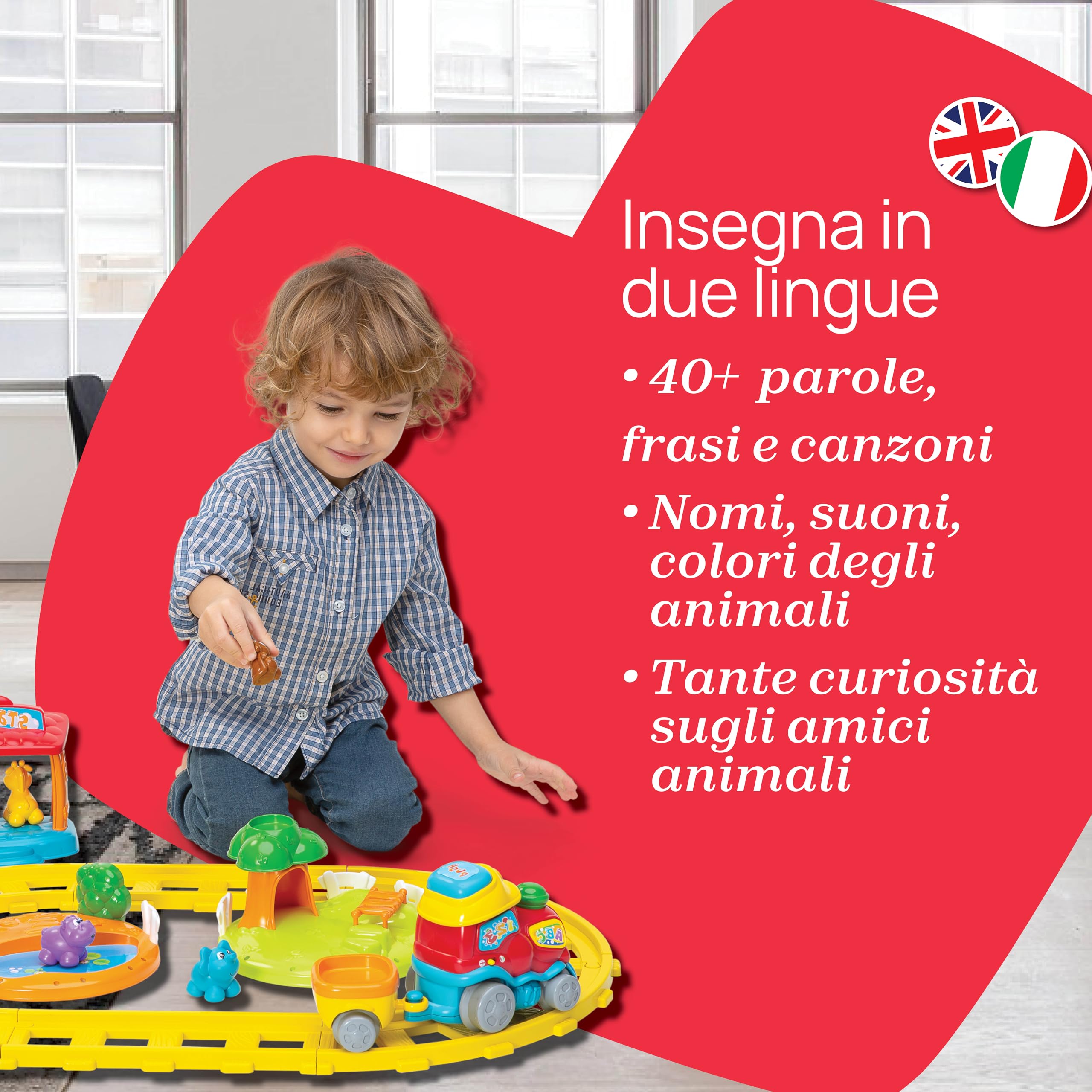 Chicco Treno dell'Avventura Bilingue Italiano/Inglese, Trenino Elettrico per Bambini con Stazione, Ferrovia e 6 Animali, Gioco Educativo Elettronico con Frasi e Canzoni, Giochi Bambini 1-4 Anni
