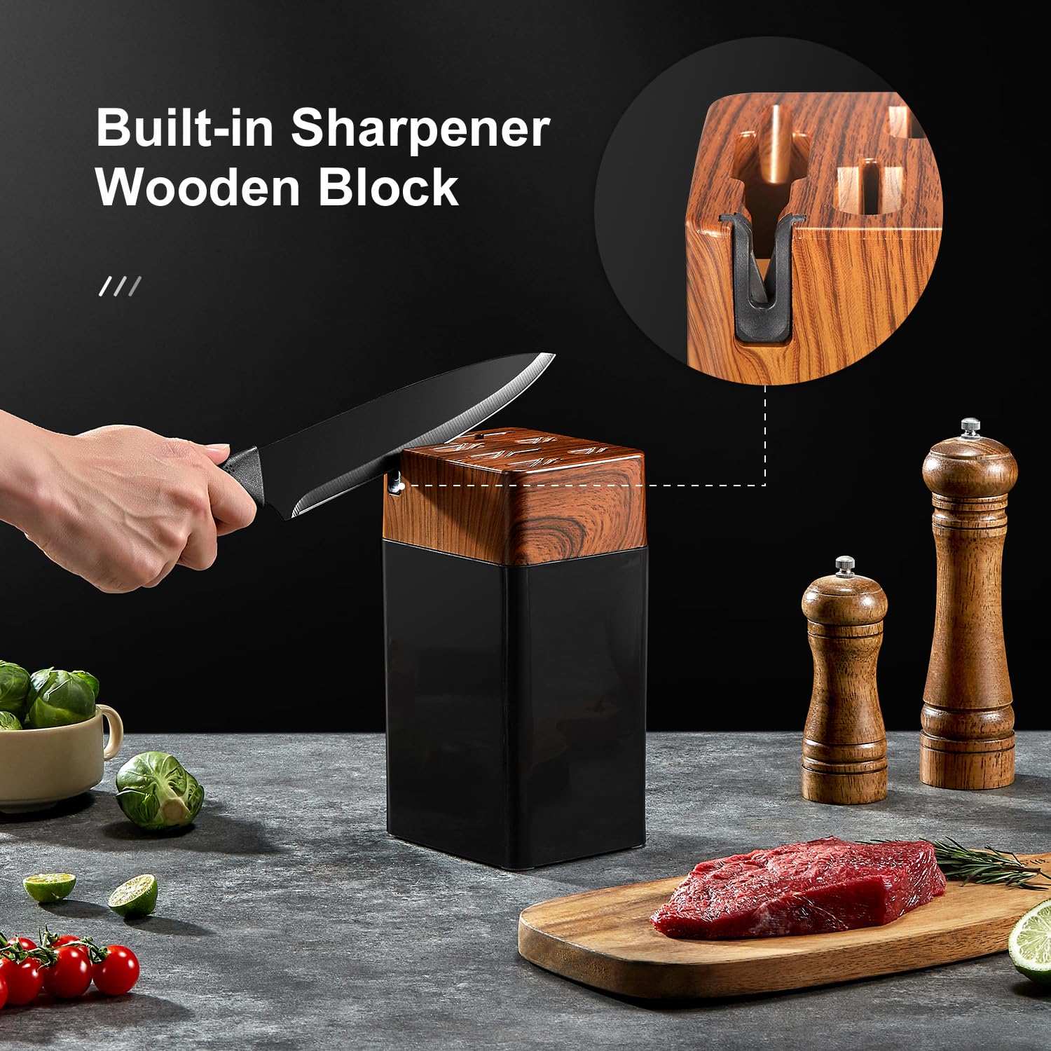 Yabano 7 Piezas Juego de Bloques Cuchillos de Cocina con Mango Ergonómico y Acero Inoxidable con Alto de Carbono, juego de bloque de cuchillos de cocina con afilador incorporado, Negro