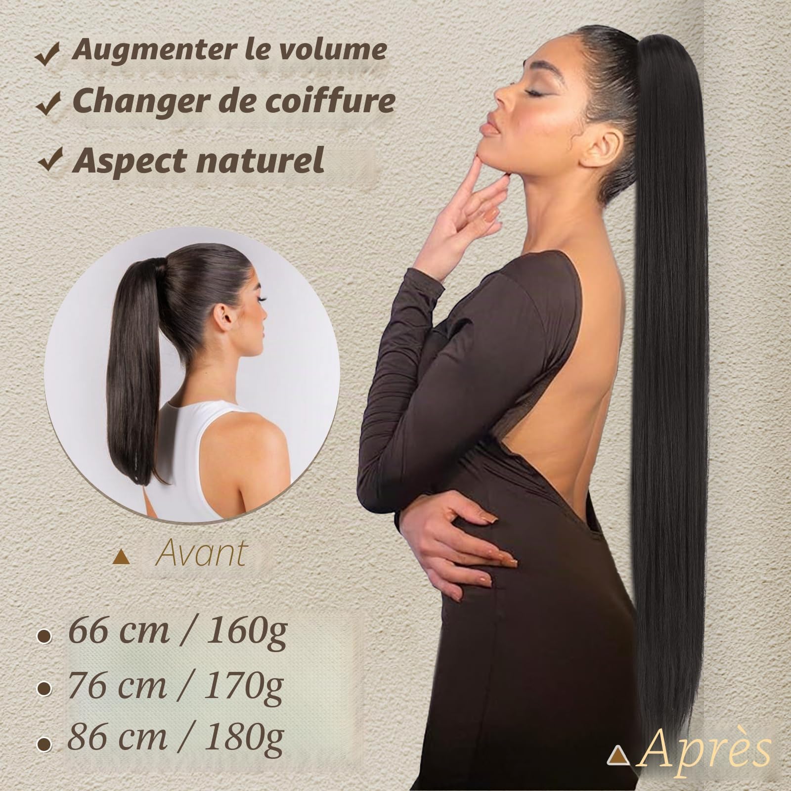 BARSDAR Queue de Cheval Extension avec Cordon, 86cm Longue Raides Queue de Cheval Extension Cheveux Synthétique Faux Ponytail Postiche Clip in Ponytail pour Femmes Quotidienne - Brun Foncé