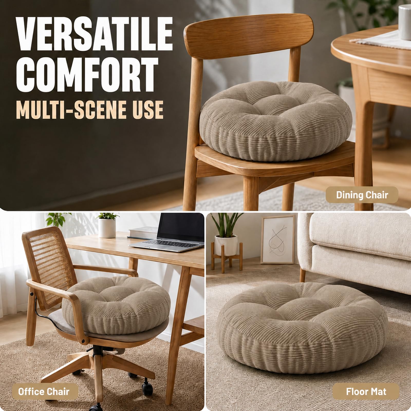 Sitzkissen Rund 65x65cm, Bodenkissen, Stuhlkissen Outdoor, Waschbare Khaki