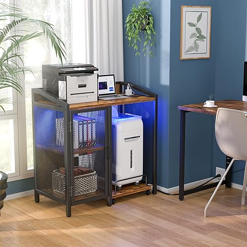 Miniatura 8 de Unikito Soporte de impresora grande de 3 niveles con almacenamiento y luz LED, archivador con escritorio de impresora y toma de corriente para
