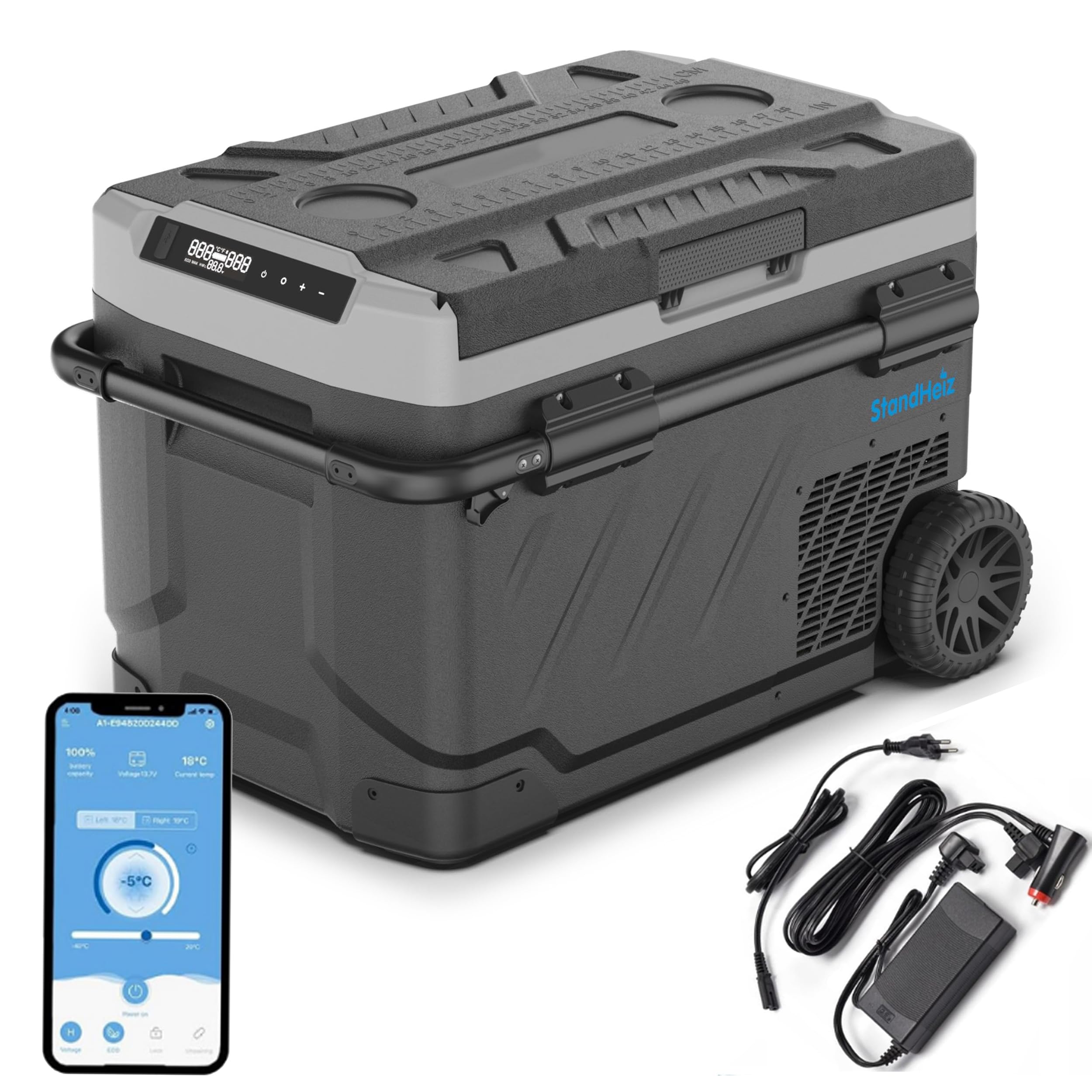 Kompressor Kühlbox 41L – Tragbarer Mini Kühlschrank mit Rollen & Teleskopgriff, 12V 24V 230V für Auto, Camping & Wohnmobil, App-Steuerung, Dual-Zone, Schwarz-Grau, LKW, PKW, Wohnmobil