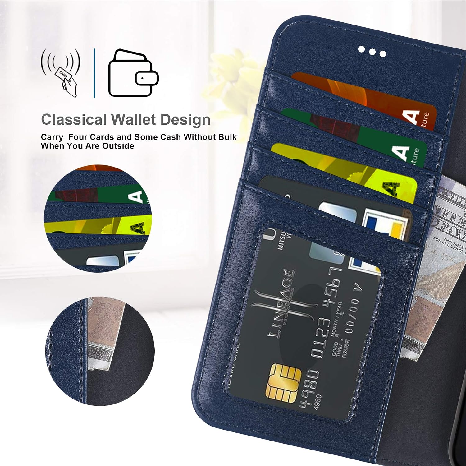 Arae Wallet Case Designed for iPhone XR PU Leather flip case Cover [Stand Feature] with Wrist Strap and [4-Slots] ID&Credit Cards Pocket for iPhone XR 6.1 inch - Blue
