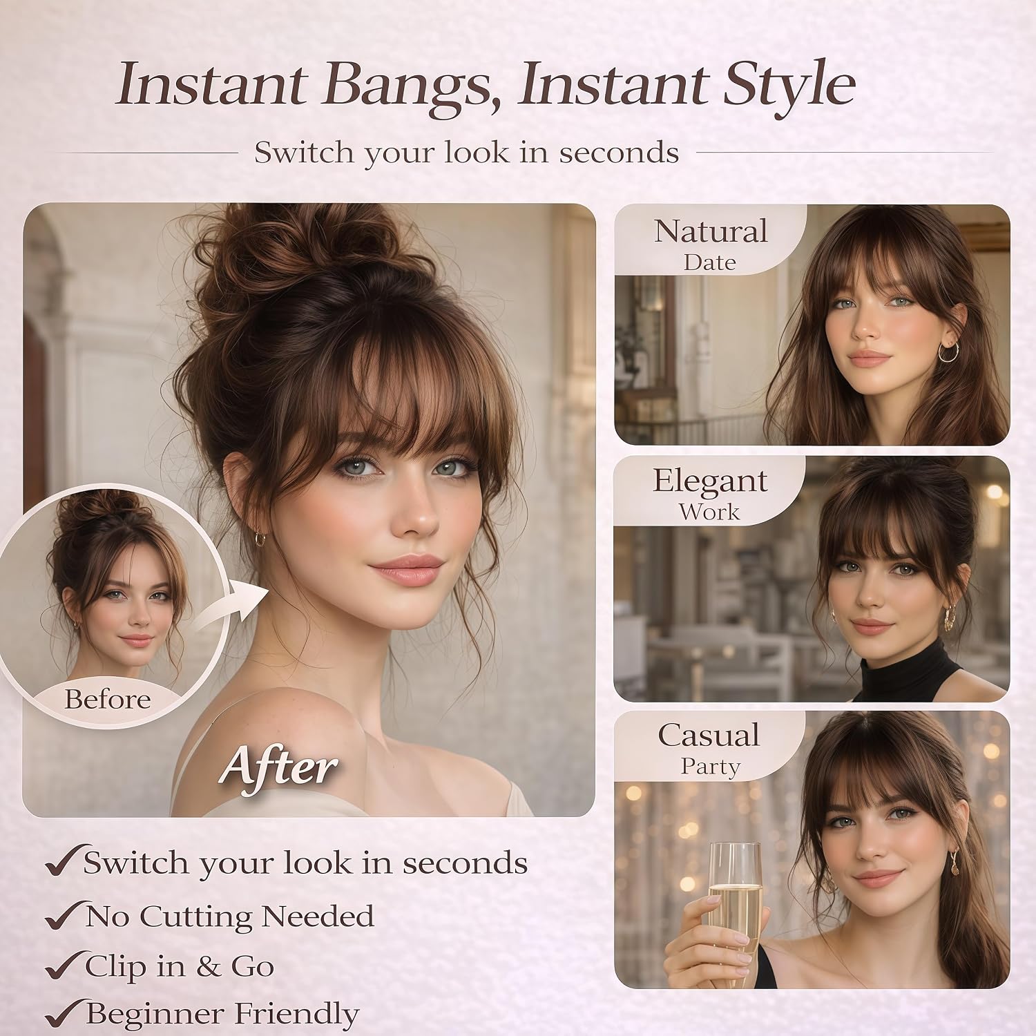 Clip in Bangs, 100% Real Human Hair French Fake Bangs Hair Clip for Women Dark Brown Natural Curtain Fringe with Temples Hairpieces for Daily Wear（French,Dark Brown）