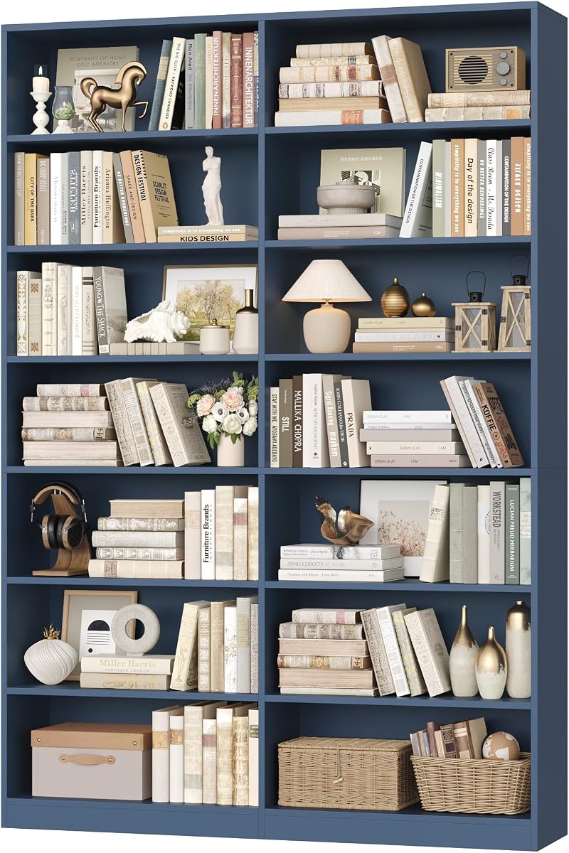 83.7" Tall Bookshelf and Bookcase, 7-Tier Double Bookshelves Blue | Modern Large Bookshelf with 14 Open Display Shelves, Tall Bookcase and Wide Book Shelves, for Home Office, Study, Living Room