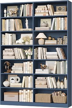 83.7" Tall Bookshelf and Bookcase, 7-Tier Double Bookshelves Blue | Modern Large Bookshelf with 14 Open Display Shelves, Tall Bookcase and Wide Book Shelves, for Home Office, Study, Living Room