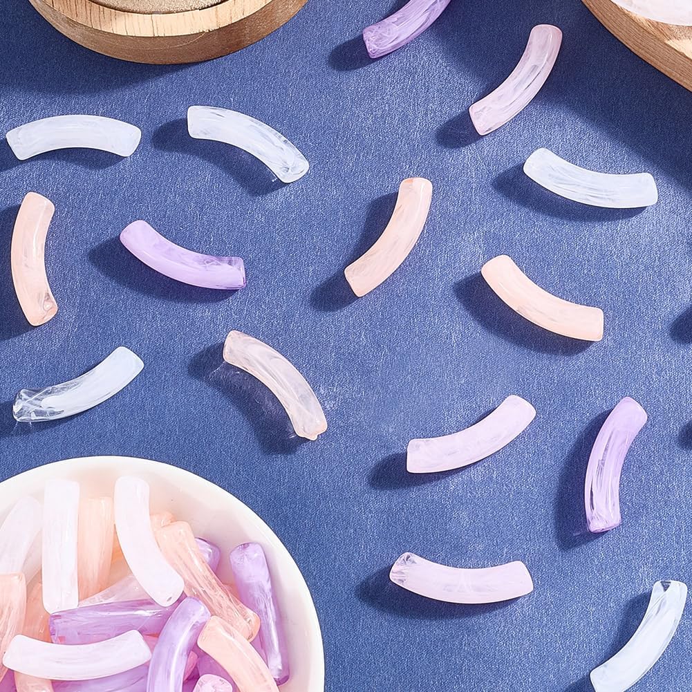 1 Box 100Pcs Curved Tube Beads Acrylic Long Beads Transparent Colorful Assorted Imitation Gemstone Bamboo Noodle Smooth Loose Spacers Findings for Jewelry Making Bracelets Necklaces Adults