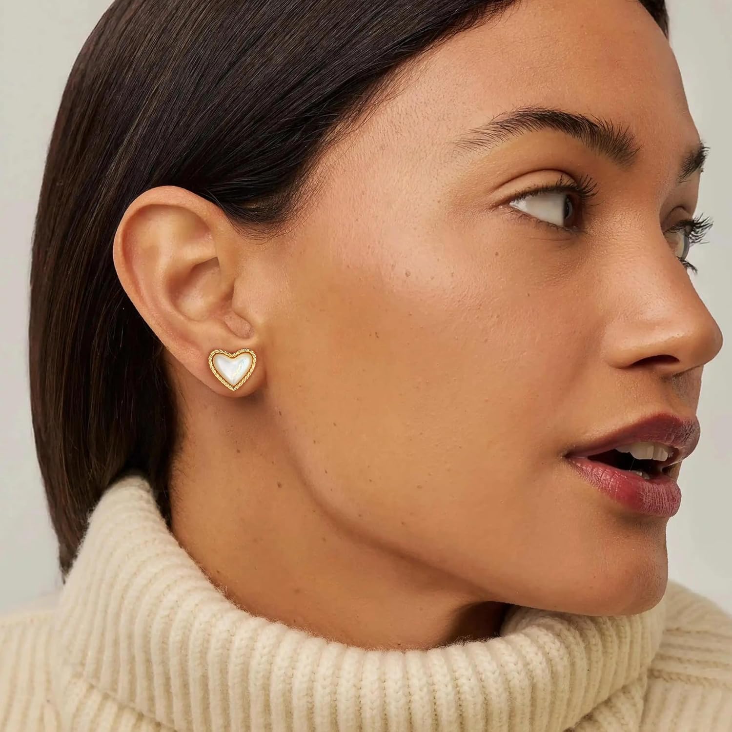 FETTERO Gold Earrings for Women 14K Gold Plated Love Heart Stud Earrings | Dainty Heart Earrings Studs Jewelry Mother of Pearl Earrings for Birthday Gift - Image 4