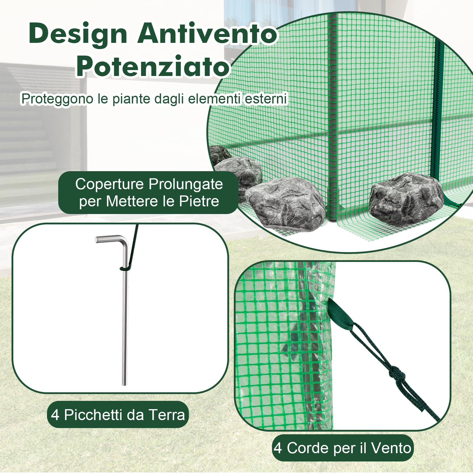 GYMAX Serra da Giardino, Serra Portatile Mini Esterna con Copertura in PE, 4 Corde Antivento e Picchetti da Terra, Porta a Cerniera con Avvolgimento, 200 x 77 x 169 cm (Verde-1)
