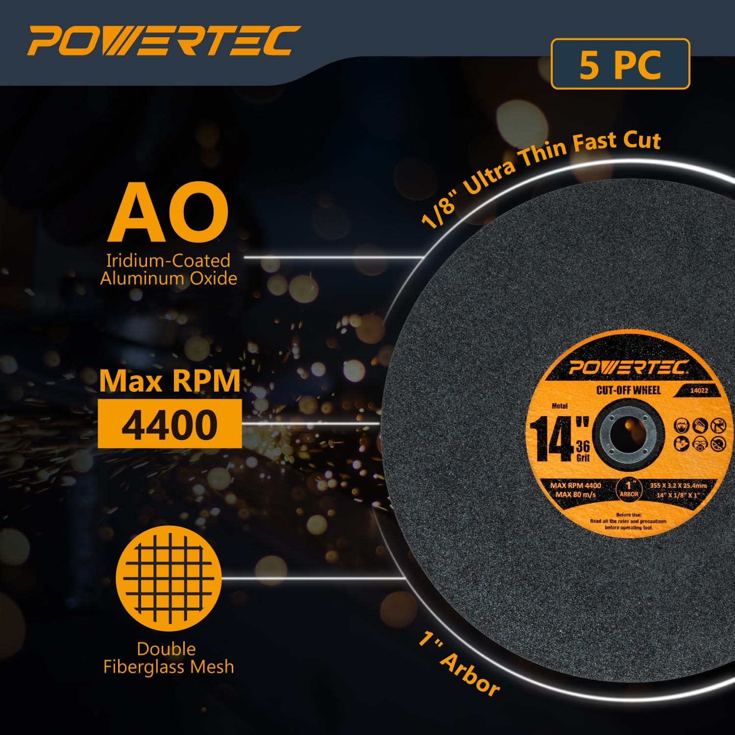 POWERTEC 14" Cut Off Wheels 5 Pack, 1/8" Thick with 1" Arbor, Metal & Stainless Steel Cutting Wheel for Chop Saw & Abrasive Cut Off Machine, Iridium-Coated Aluminum Oxide 36 Grit (14022)