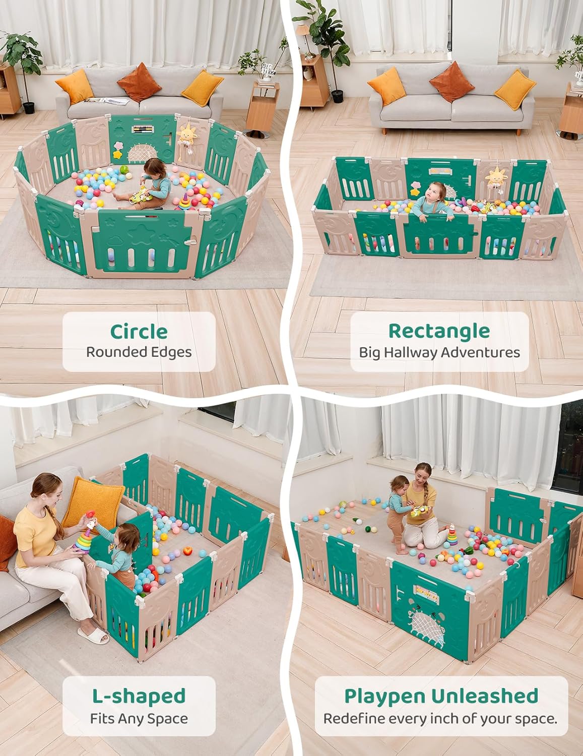Baby Playpen, Dripex Baby Playard for Babies and Toddlers, 14-Panel Foldable Playpen Adjustable Portable Play Area, Indoor/Outdoor Kids Active Center with Game Panel & Safety Gate, Green Brown