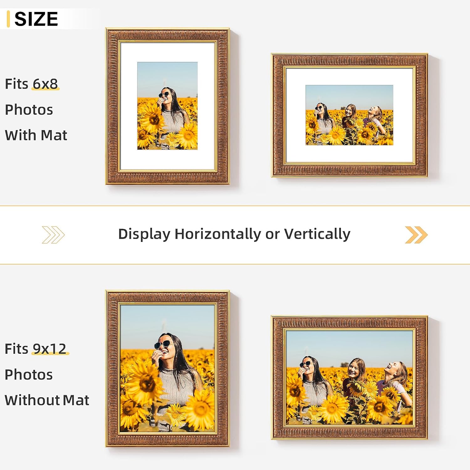 9x12 Picture Frame for 6x8 Photo with White Mat, HD Real Glass 9x12 Vintage Photo Frame, 9 by 12 Poster Frame with Vintage Gold Border Horizontal & Vertical Display for Tabletop or Wall Decor (1 Pack)