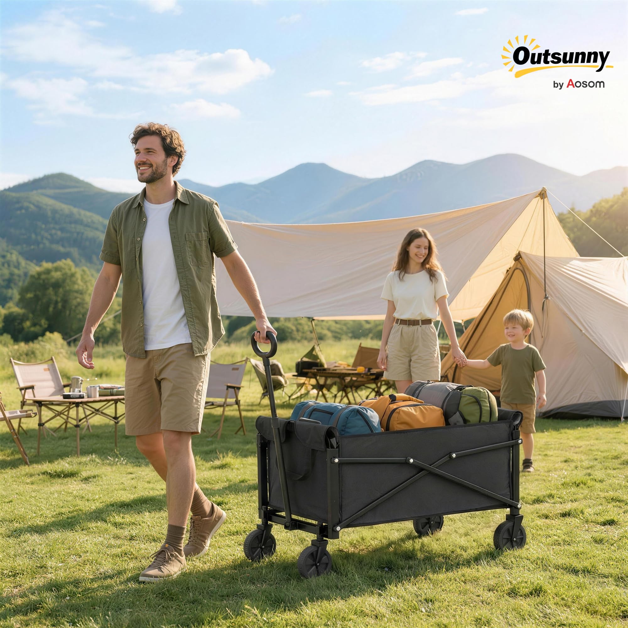 Outsunny Chariot de jardin pliable 50 kg avec poignée réglable, frein, roues, 80 l, noir