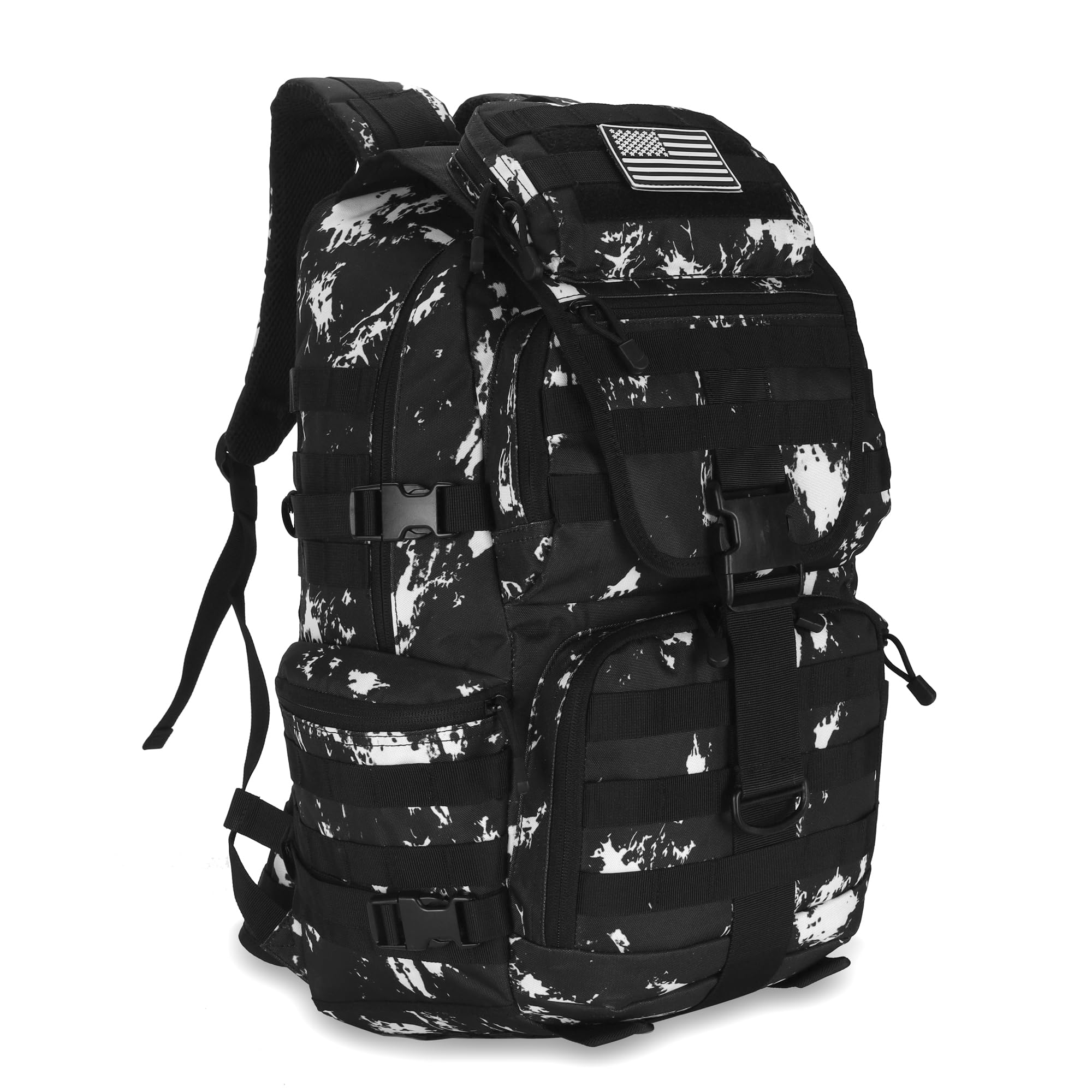 HongXingHai 50L Military Tactical Backpack 3 Day Assault Pack Molle Daypack Hiking Backpack for Men and Women (Black-White Lightning)
