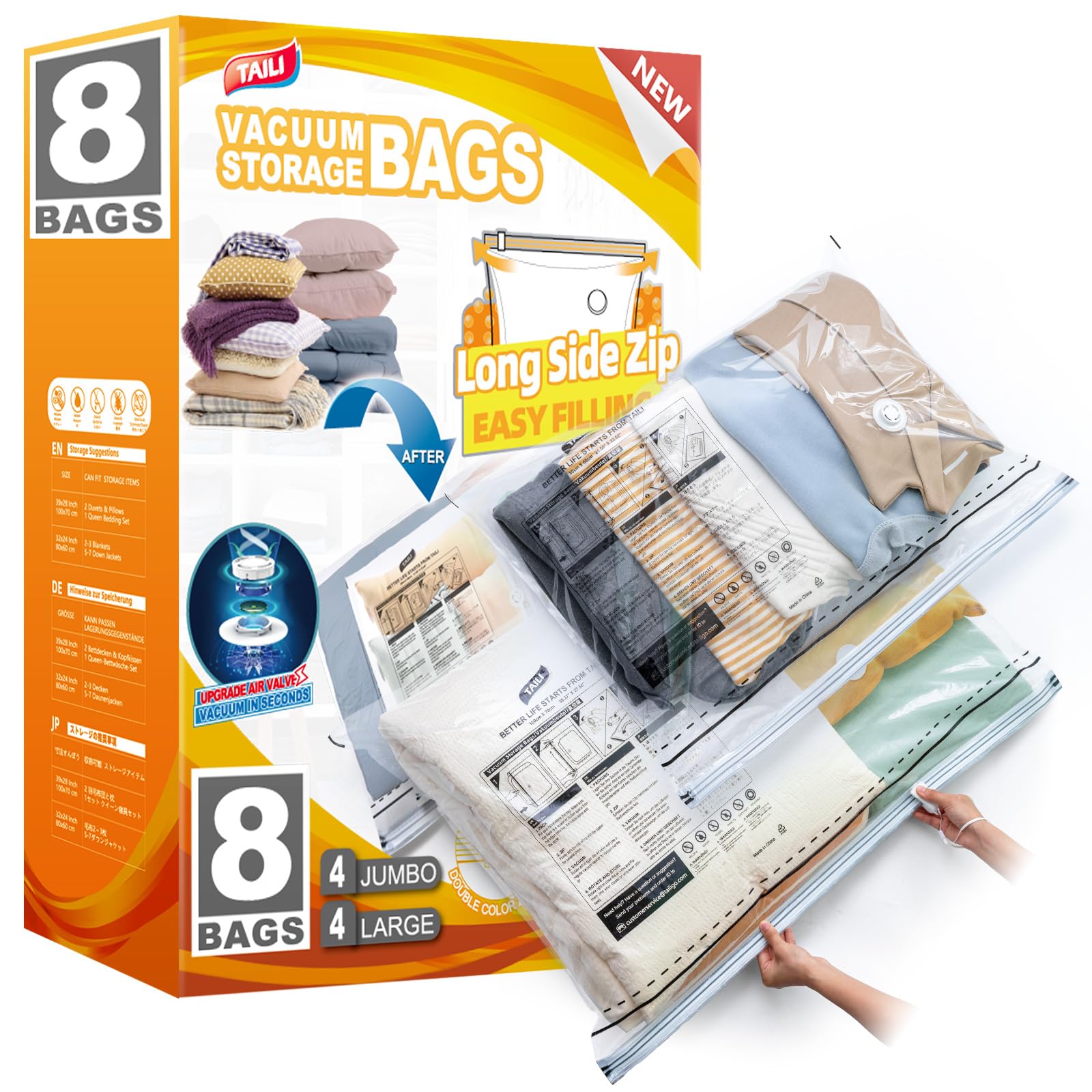 TAILI 8 Pack Vacuum Storage Bags, LONG SIDE ZIP (4 Large+4 Jumbo), Multi-Size Vacuum Seal Bags for Clothing, Storage Bulky Beddings, Blankets and Clothes, Space Saver for Closet Organization