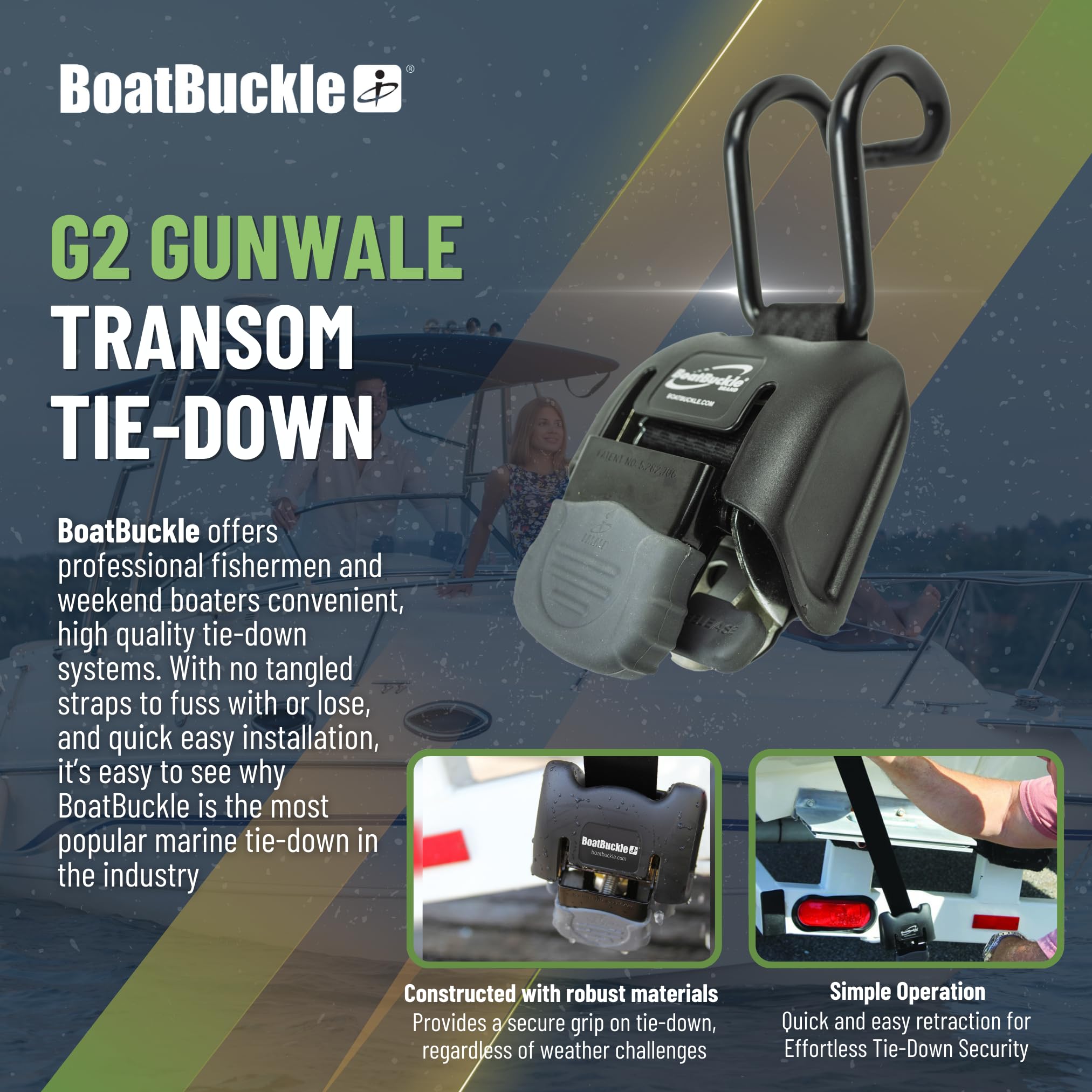 BoatBuckle (F14221EC) G2 Gunwale Transom Tie-Down 2 x 38 inches with Vinyl-Coated Double J-Hook, 2500lbs Break Strength, 2-Pack
