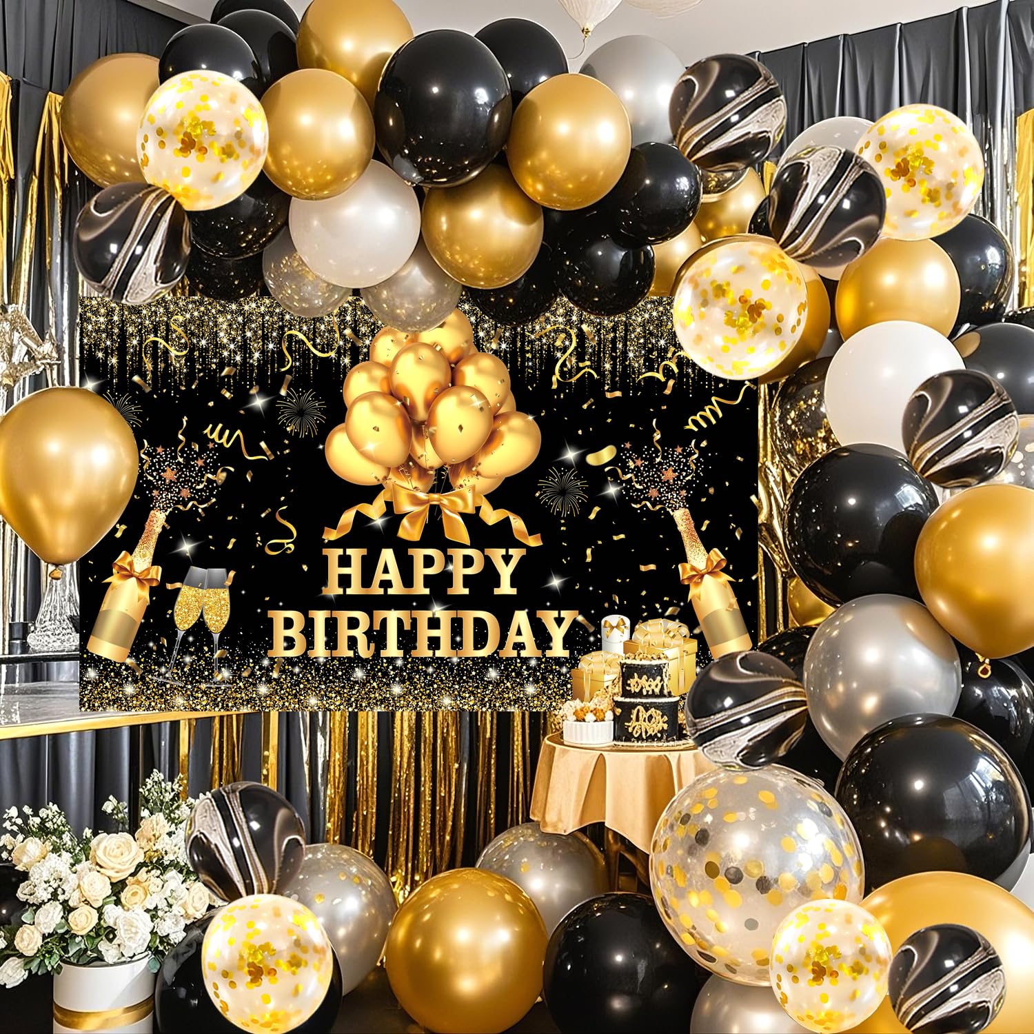 YinQin 63 PCS Black Gold Happy Birthday Party Balloons Set with Photo Backgrounds Backdrops Banner Cloth Confetti Balloon Black Golden Happy Birthday Party Supplies Decorations for Men Women