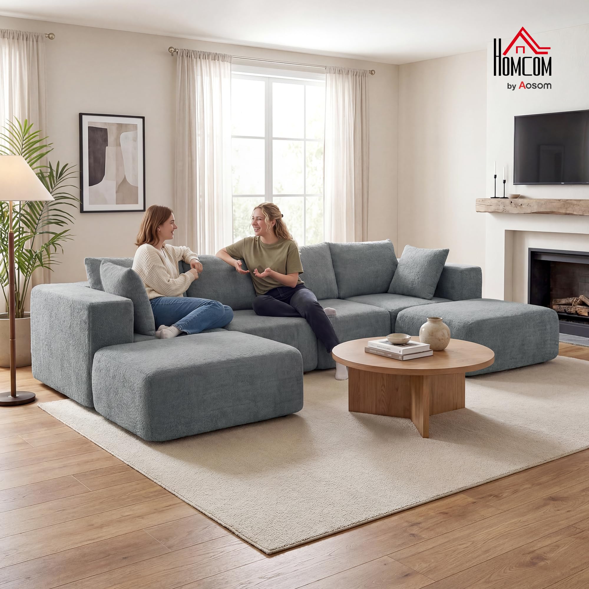 HOMCOM Divano Angolare Modulare 4 Posti Senza Struttura, Seduta Ampia Profonda, Divano Componibile a U con 2 Pouf, Braccioli Larghi e Cuscini, in Velluto per Soggiorno, 294x165x70 cm, Grigio Scuro