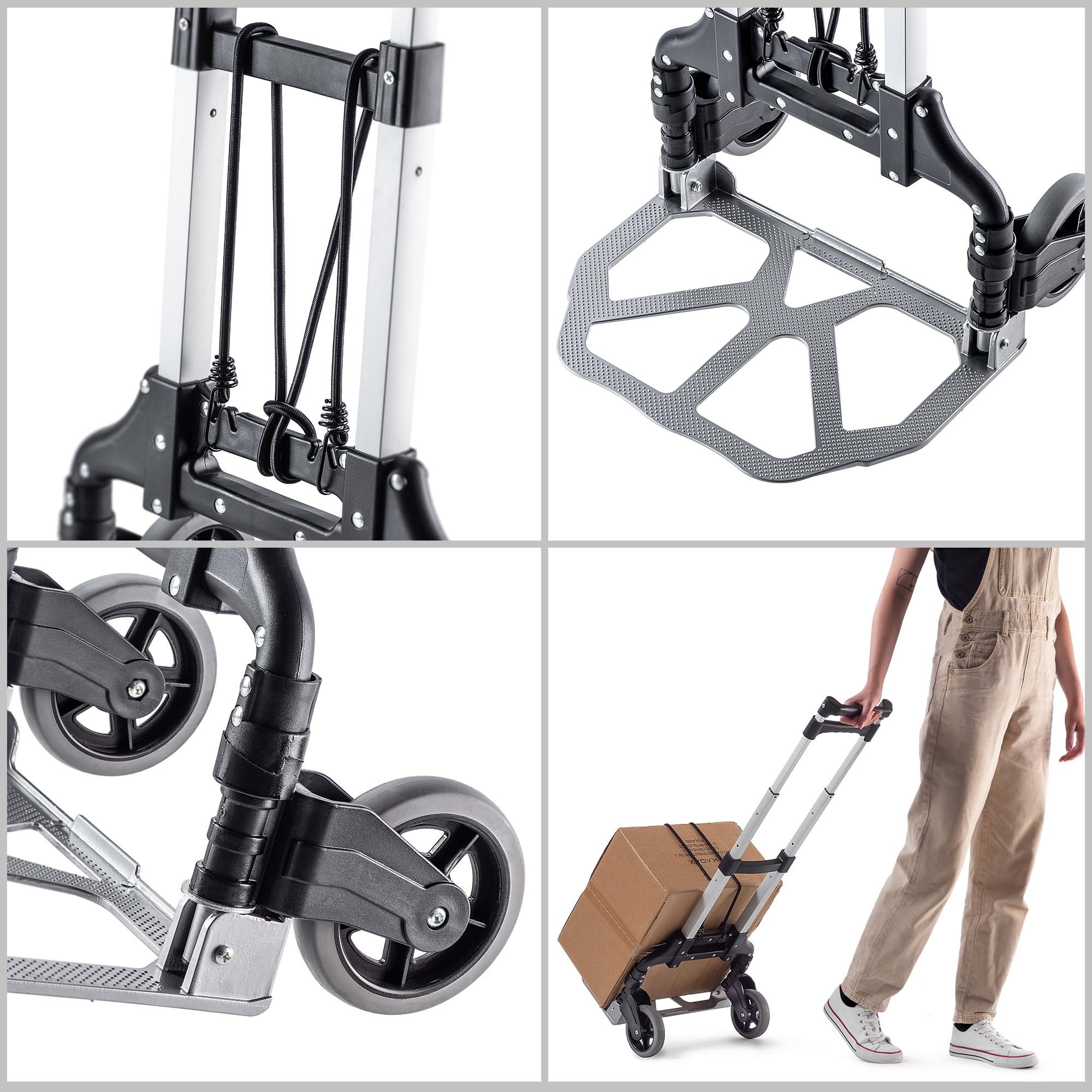 KADAX Carretilla de transporte plegable de aluminio con mango telescópico (100 cm), carro de mano con superficie de carga antideslizante y ruedas de marcha suave – Carretilla compacta para el hogar