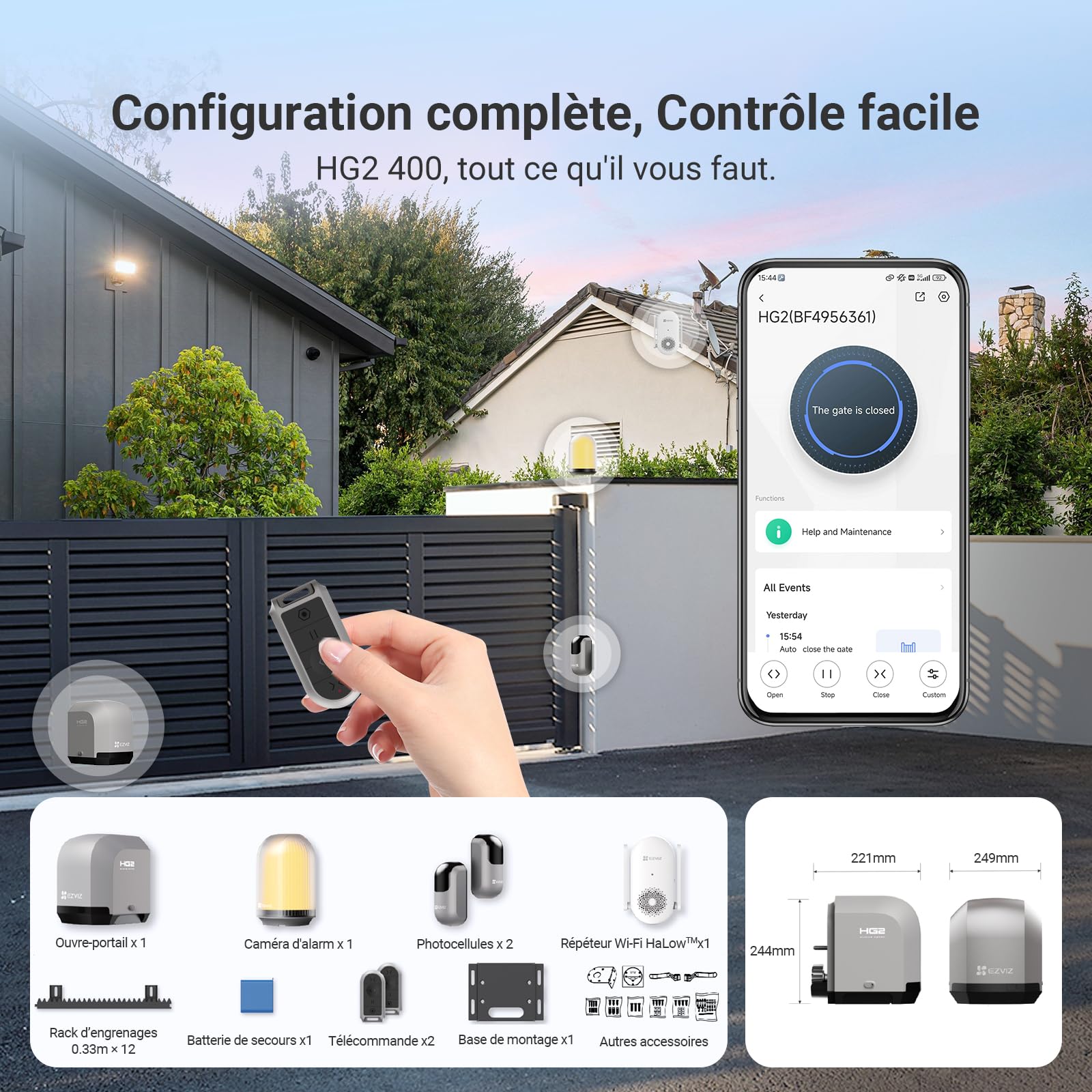 EZVIZ Moteur Portail Coulissant 400 kg Ouvre Portail Auto HG2 400 | Vantaux Max 6m, Sécurité avec Détection d'Obstacles,Batterie de Secours,Télécommandes&Contrôle APP, Facile à Installer