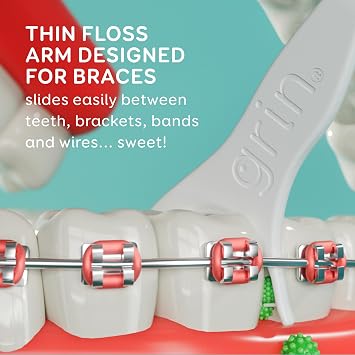 GRIN Braces Flosser, Floss Picks Designed for Braces, 60 Count, Dental Flossers, Recycled Plastic, Ortho Approved, Premium Thin Floss, Includes Handy Wax Scraper and Pick (Pack of 2)