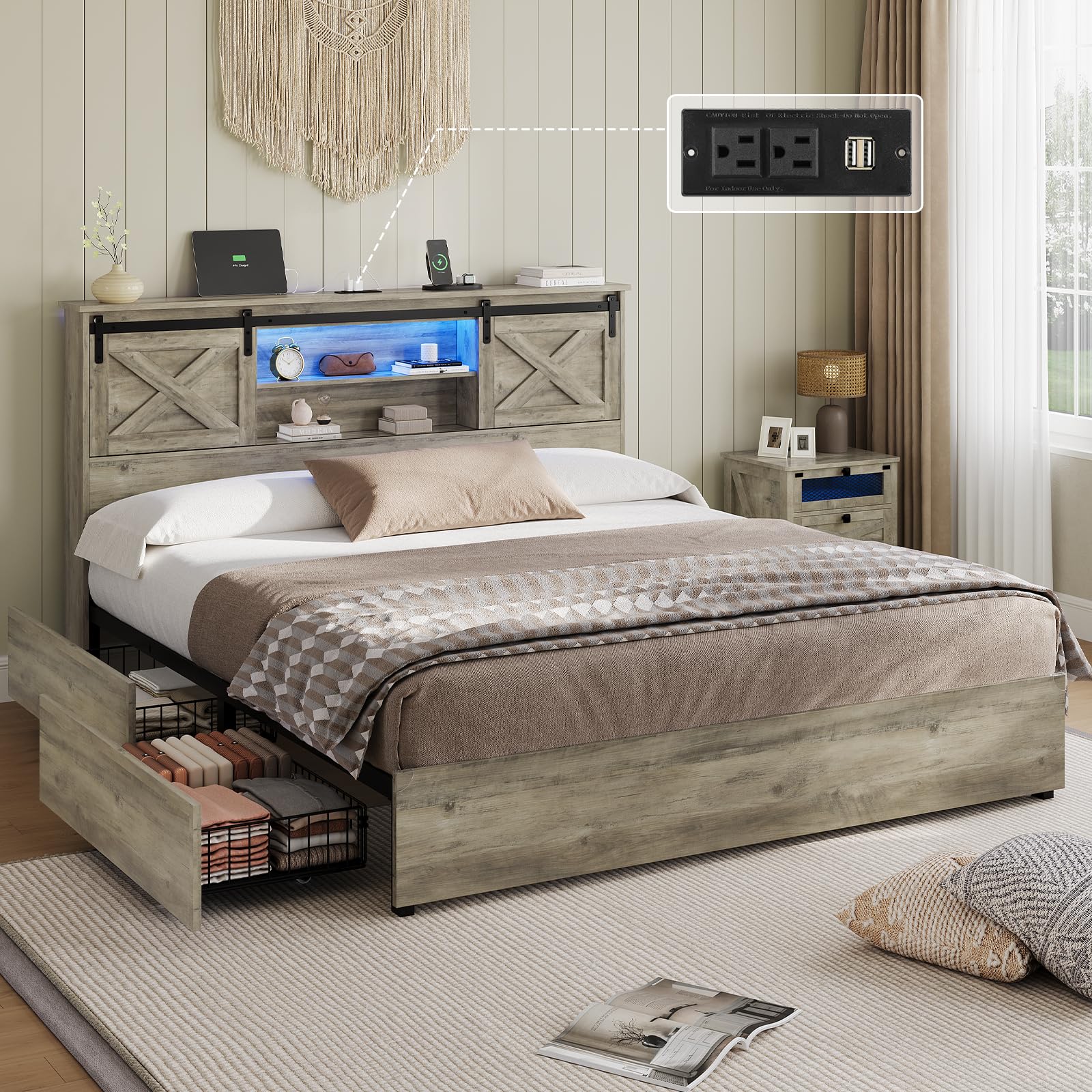 Hasuit Farmhouse Bed Frame King Size with 4 Storage Drawers, Wooden Platform King Beds with Charging Station and LED Lights, Rustic Bed with Storage