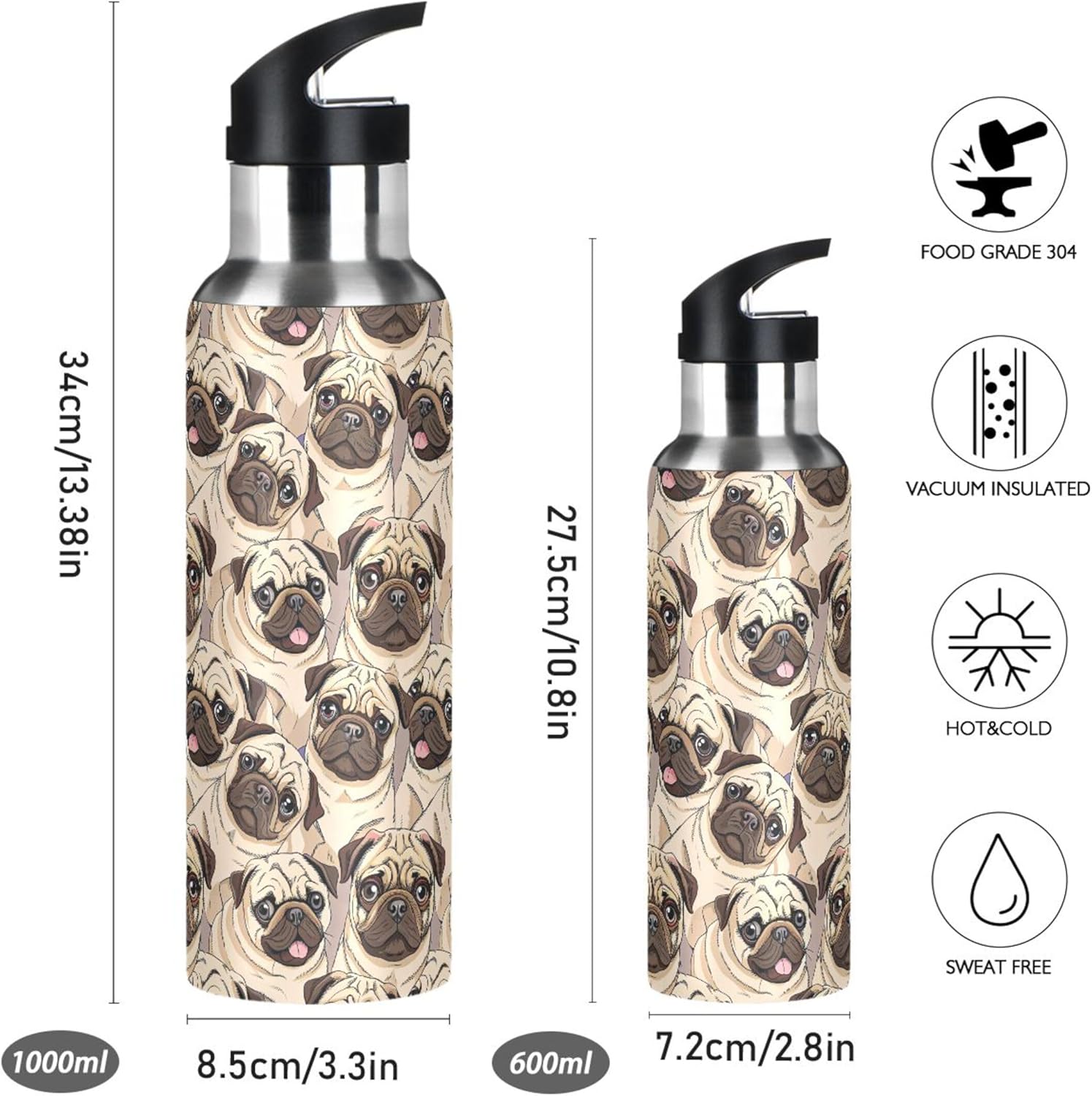 Burbuja Pug Portrait Stainless Steel Water Bottle, Vacuum Insulated Water Bottles with Straw Lid for Sports, Gym, School - Leak & Sweat Proof, BPA Free, 32 oz