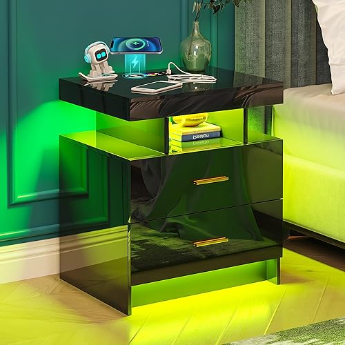 Miniatura 9 de Mesita de noche con luz, mesita de noche de alto brillo con estación de carga USBinalámbrica, mesitas de noche LED negras con cajones de
