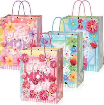 HOWAF Mothers Day Gift Bags, 12pcs Happy Mothers Day Treat Bags with Handle for Moms Birthday Gift Wrapping Supplies, Floral Candy Bag, I Love You Mom Goodie Bag for Mothers Day Party Decorations