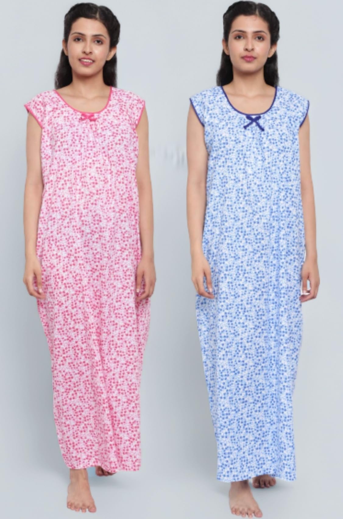 CIERGE Women's Cotton Printed Maxi Nighty (Pack of 2) (CIERGE WOMEN SLEEVELESS_PINK & BLUE_Free Size)