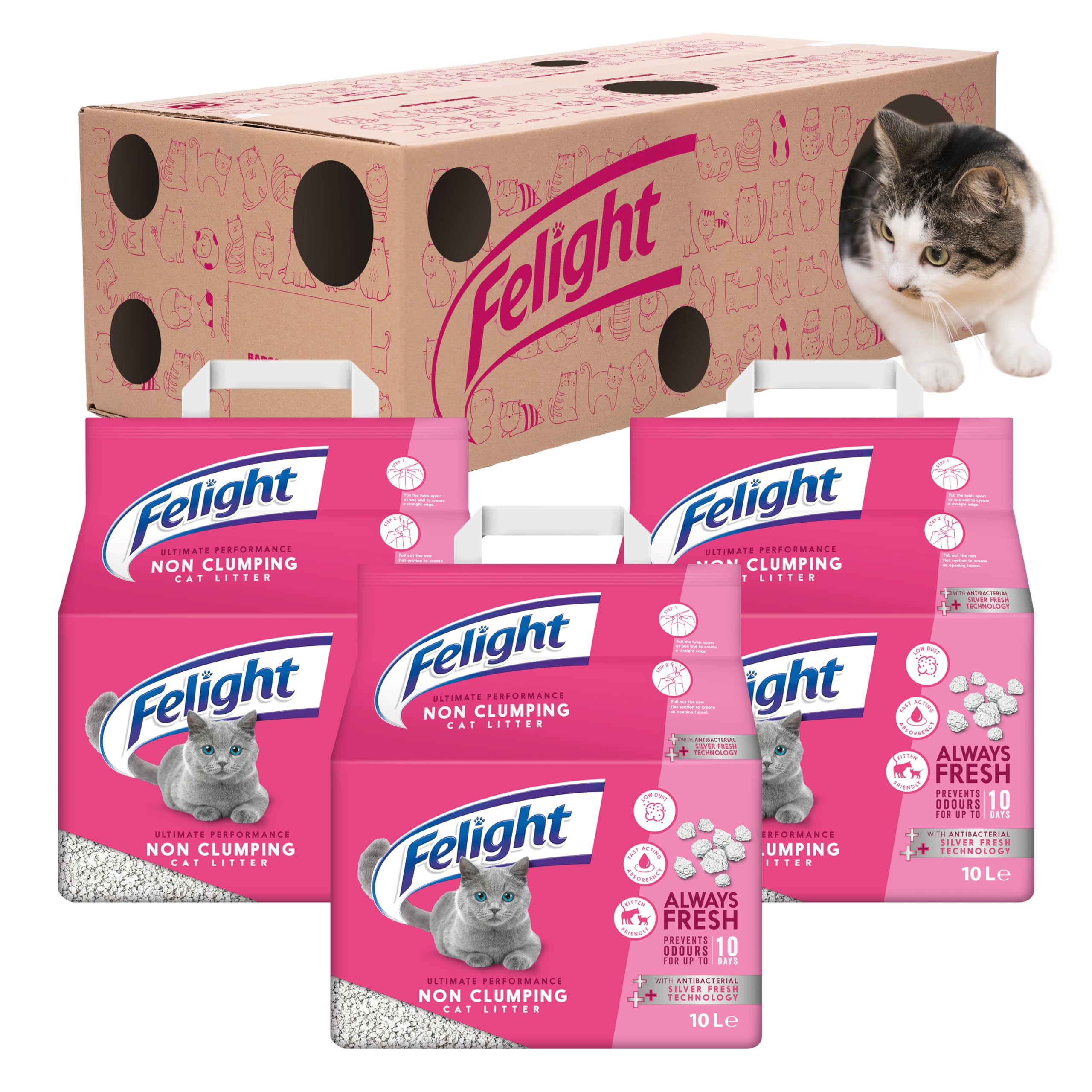 Felight Arena para Gatos no aglutinante (Paquete de 30 litros) + Caja de Juego de cartón, tecnología antibacteriana Silverfresh, Evita olores hasta 10 días, Fabricado en el Reino Unido