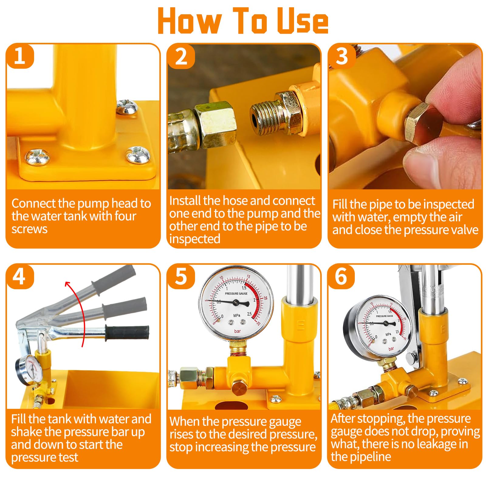 5 Liters 0-25 Bar Manual Test Pump with 1m Hose, 25KG Filling Pump Set including Single Valve and Pressure Gauge - Image 2