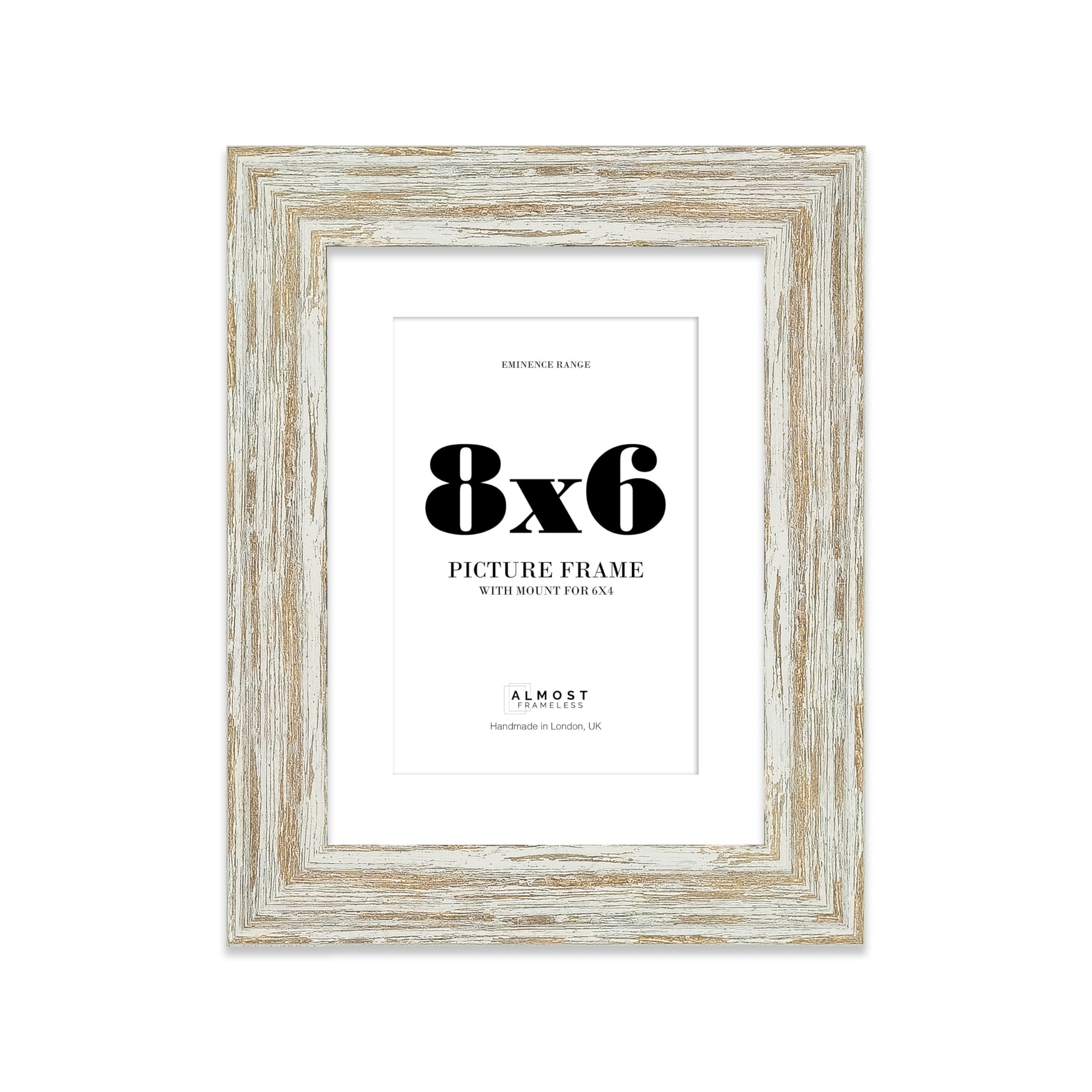 8x6" Distressed White Oak Picture Frame with 6x4" Mount - Industrial Photo Frame with Distressed Finish, Wall Hooks and Kickstand, 32mm Edge - 1 Pack
