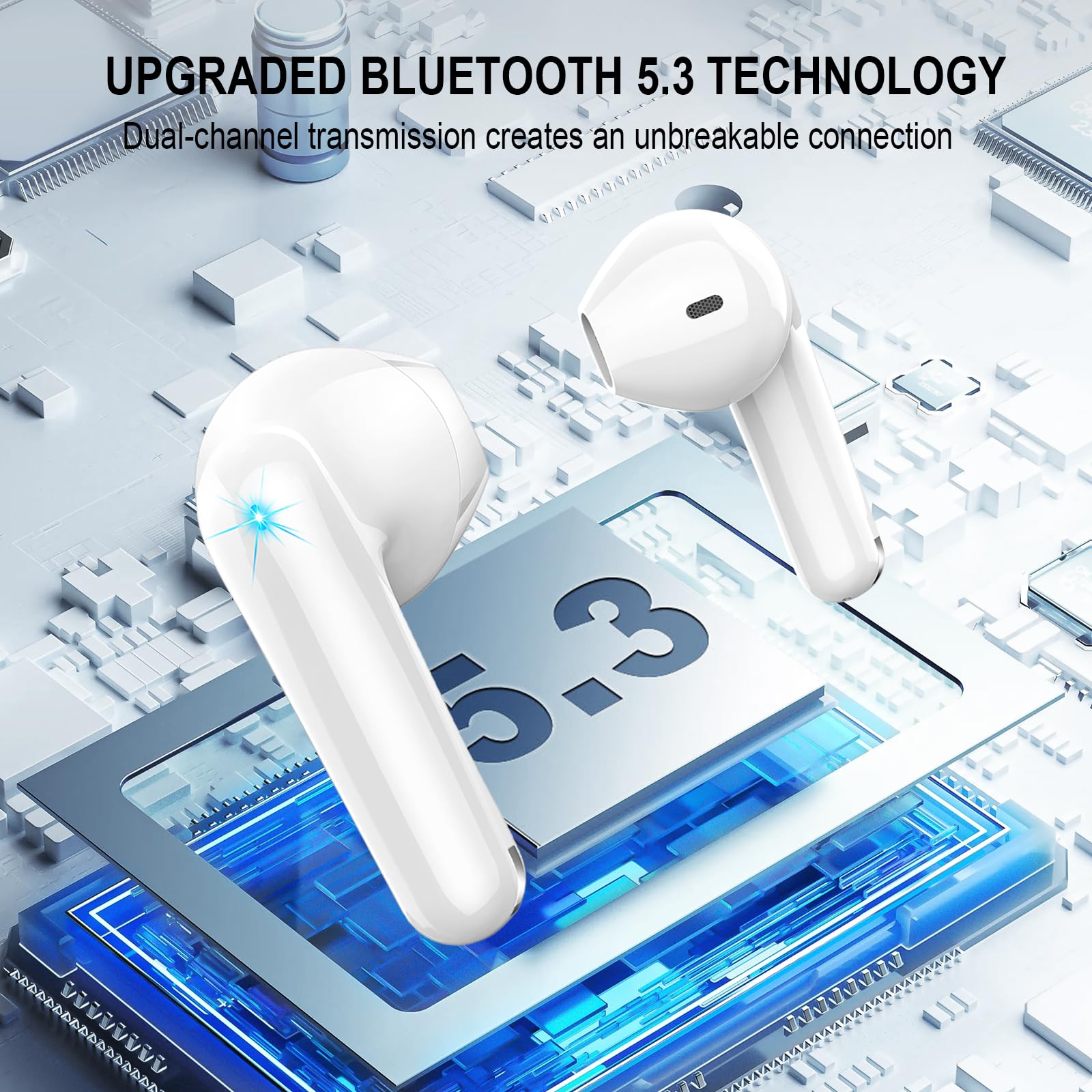 Cuffie Bluetooth, Auricolari Bluetooth 5.3 Wireless Stereo HiFi con 4 HD Mic, 48Ore Mini Cuffie Senza Fili IP7 Impermeabili, 3g Ultra Leggero in Ear Cuffiette Bluetooth Cancellazione Rumore/LED/USB-C