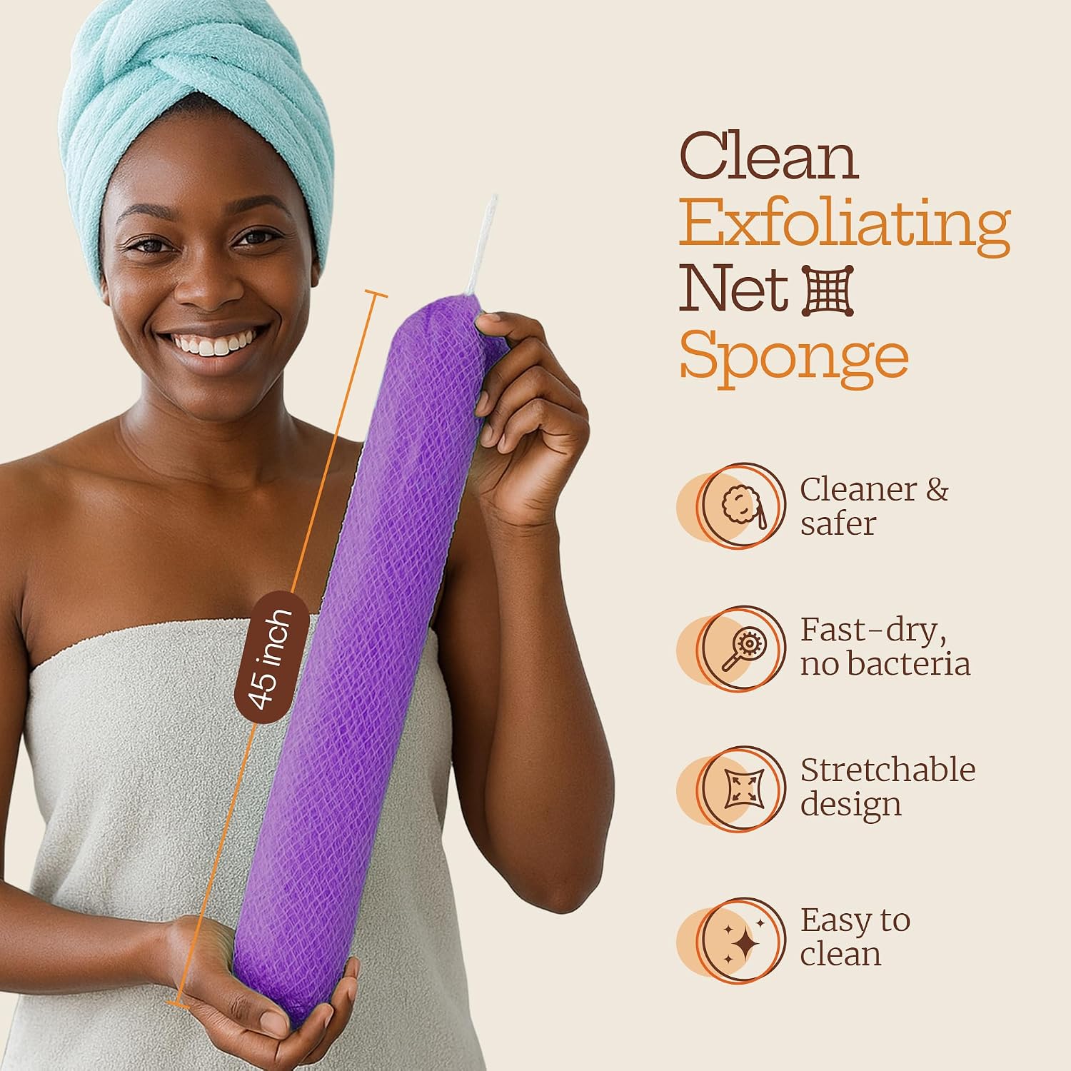 African Net Sponge, 45-Inch Double Knotted Black Exfoliating Loofah Scrubber for Body and Back, Traditional Nigerian Bath Accessory for Daily Use (Purple) image 2