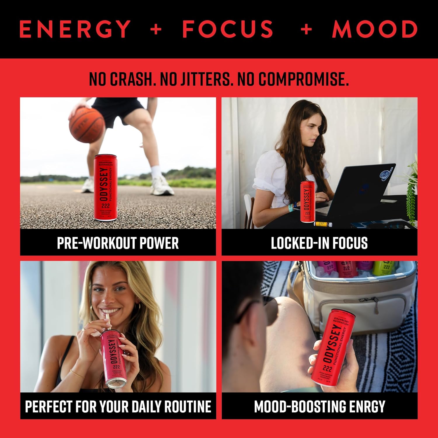 Odyssey Elixir - Odyssey 222 - Sparkling Energy Drink - 222 mg of Caffeine - Lion's Mane & Cordyceps - Energy & Focus - Endurance & Stamina - Nootropic - Pre Workout - Strawberry Watermelon - Image 4