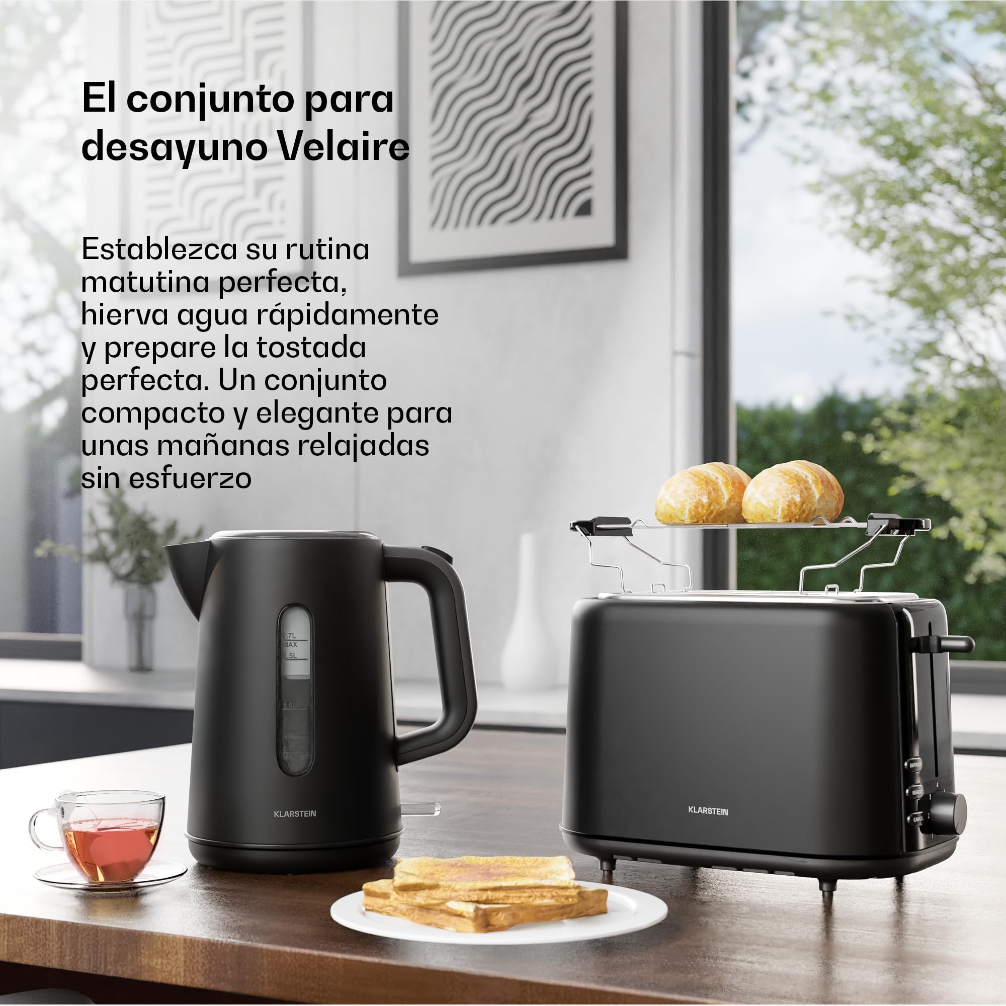 Klarstein Juego de Desayuno Esencial Velaire - Tostadora 2 Ranuras 800W con 7 Niveles, Bandeja Recogemigas, Soporte Panecillos, Hervidor Agua Eléctrico 1.7L Filtro Antical, Apagado Automático
