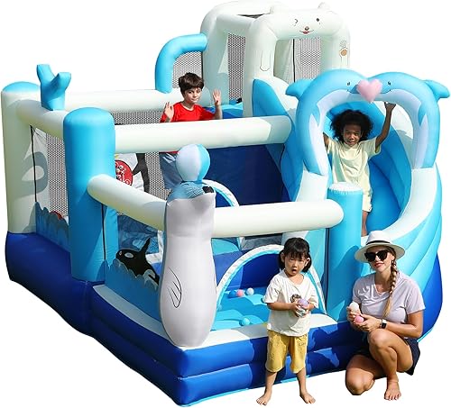 INFLATEFLY Castillo inflable inflable con tobogán para niños, con temática oceánica, con área de salto de pelotas para interiores y exteriores