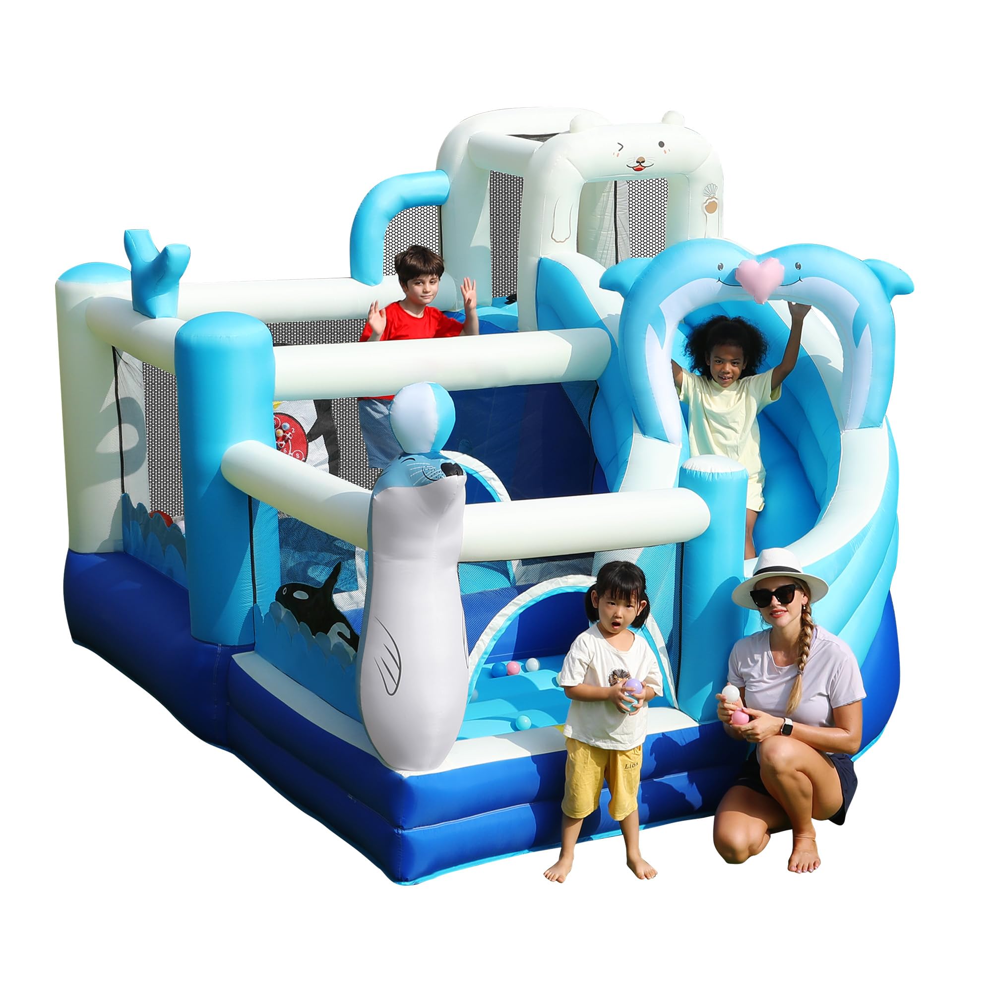 Inflatable Bounce House,Kids Bouncy Castle with Slide, Ocean Bouncer with Ball Pit,Blower,Jumping Area for Outdoor Indoor