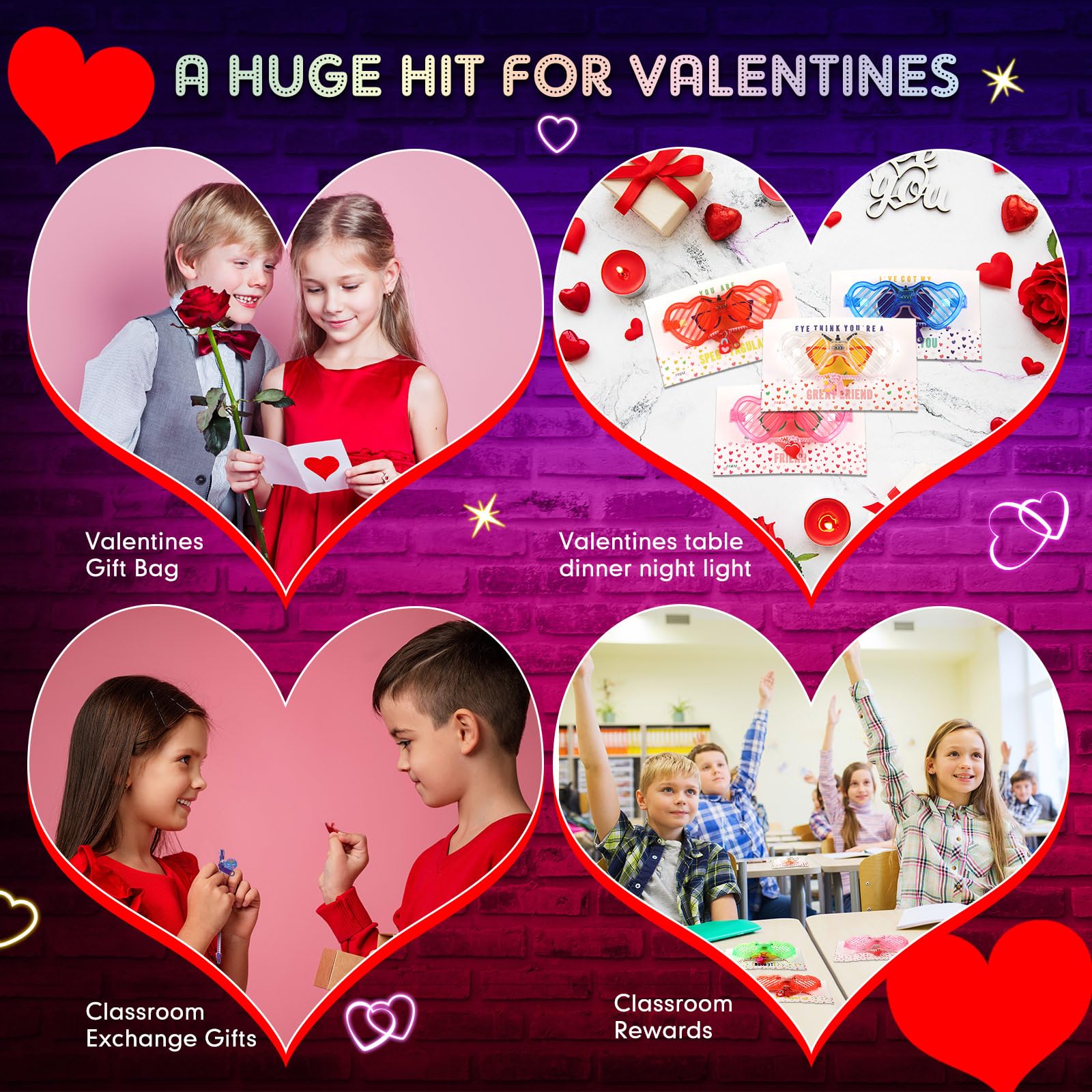 Saysurey 60 Pcs Valentine's Day Cards Gift for Kids, LED Light up Heart Shaped Glasses, Friendship Zipper Bracelet with Valentine Cards, Valentine Party Favors for Boys & Girls, Valentines Party Favor