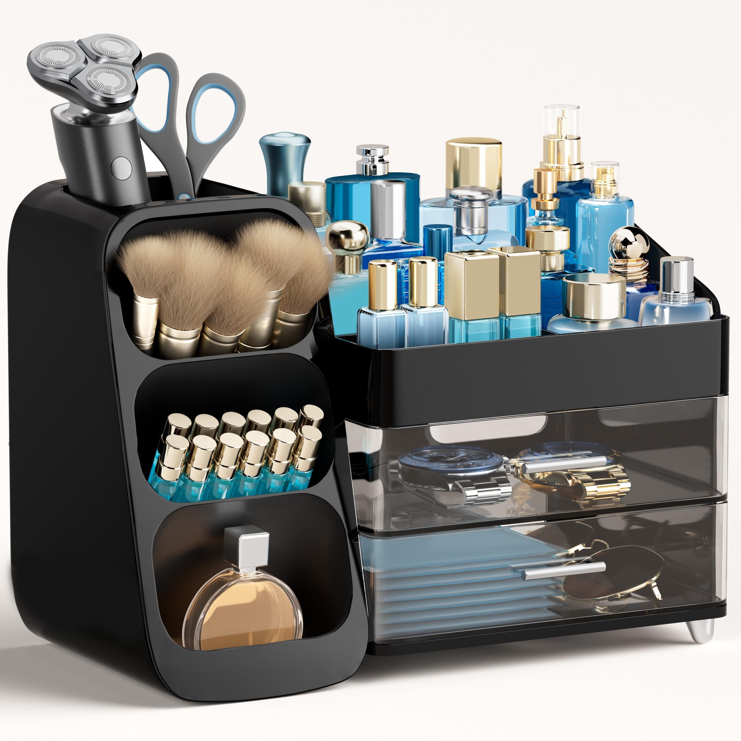 HBlife Cologne Organizer for Men Makeup Organizer with Brush Holder for Vanity, Large Plastic Bathroom Countertop Organizer Skin Care Storage, Fathers Day Gift for Dad Husband, Black