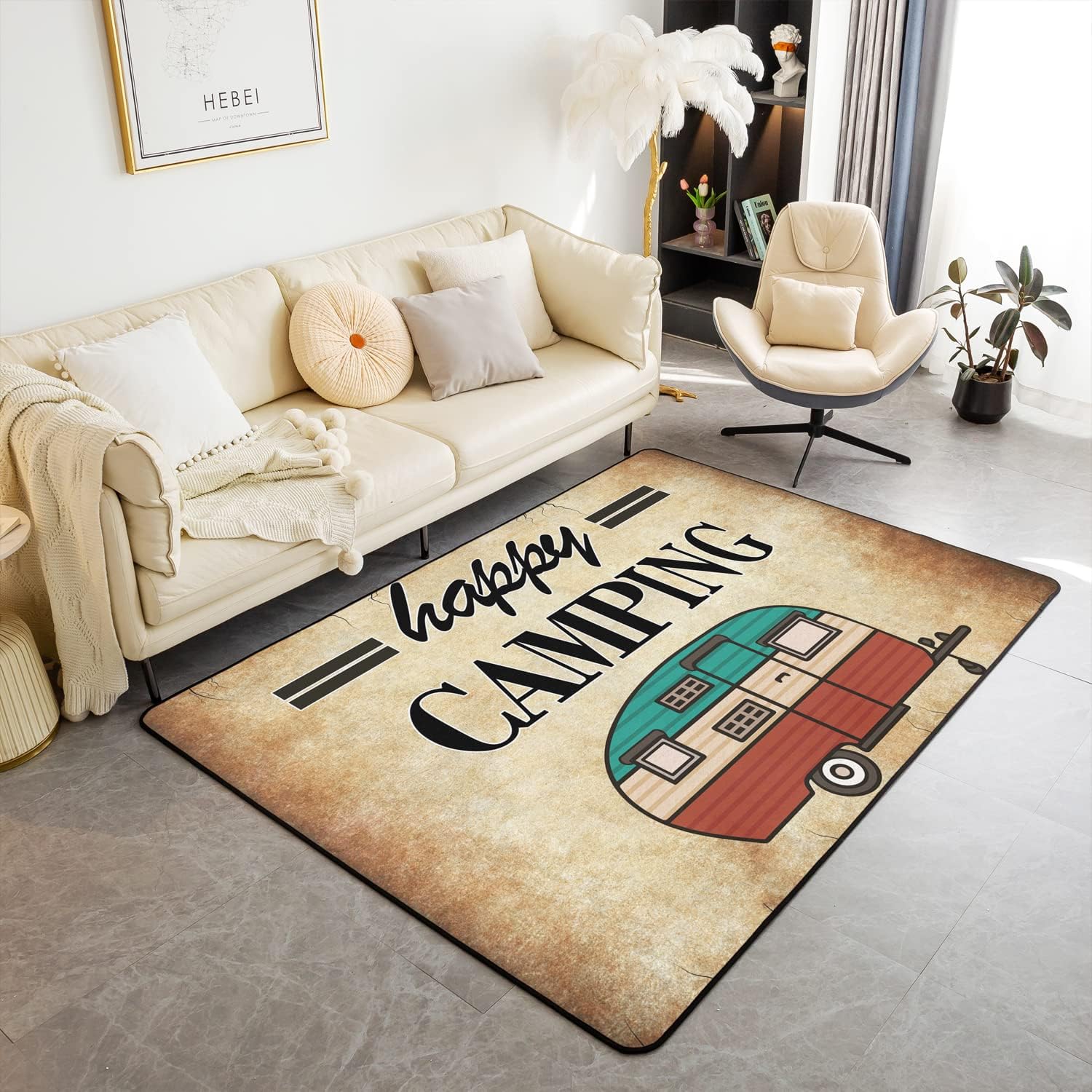 Camper Area Rug Kids Famhouse Happy Camping Carpet Rustic Nature Travel Living Room Rugs Accent Rug Floor Mat Happy Camping Theme Decor 150 * 200cm