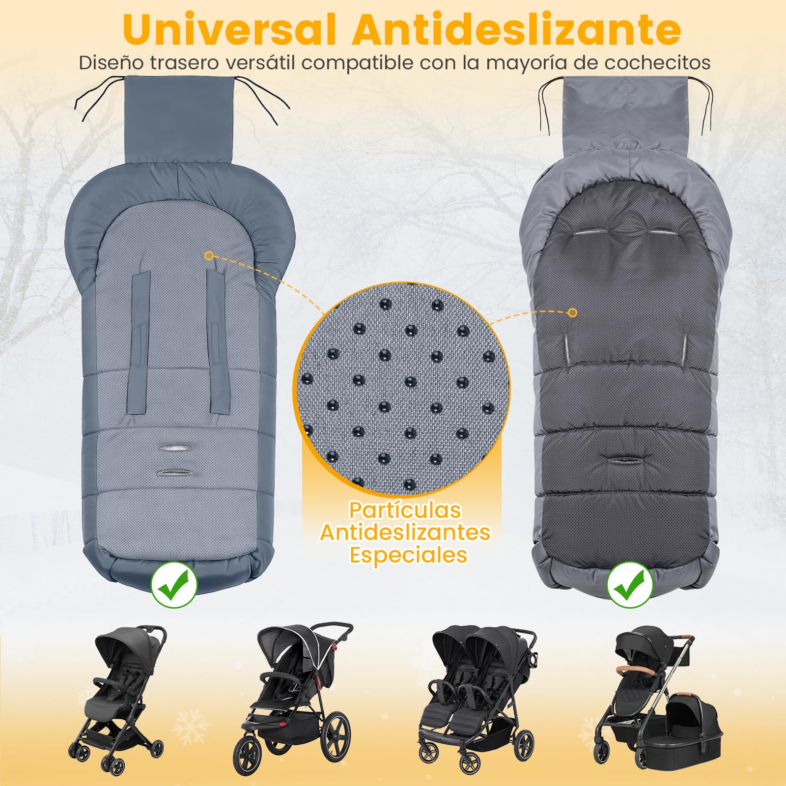Orzbow Saco Silla Paseo Universal Invierno, Saco Carro Bebe Invierno con Pile Coral, Impermeable, Tira Reflectante, Partículas Antideslizantes y Cremallera, Lavabile in Lavatrice, Gris