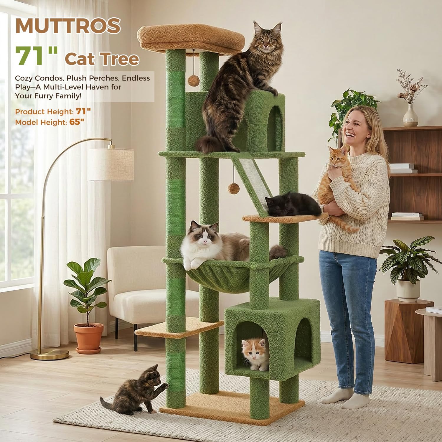 71” Cactus Cat Tree for Large Cats, Extra Stable Tall Cat Tower with Oversized Hammock, 2 Condos, Sisal Scratching Posts, Vertical Multi-Level Cat Tree for Indoor Multi-Cat Homes