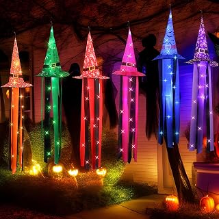Fiada 6 Pieces 43 Inch Lighted Halloween Ghost Windsocks Decorations Outdoor Ghost Hat Windsock LED Hanging Decor Halloween Wind Sock for Yard Tree Party Ornaments, No Batteries (Hat)