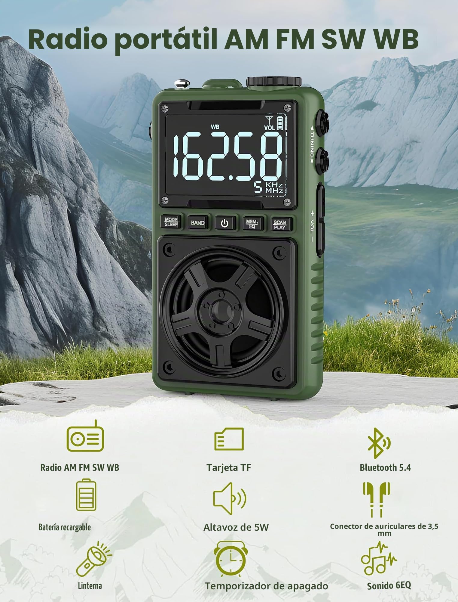 Radio Bluetooth AM FM NOAA portátil recargable 1250 mAh con recepción excelente, altavoz 5 W, sintonizador digital y auriculares